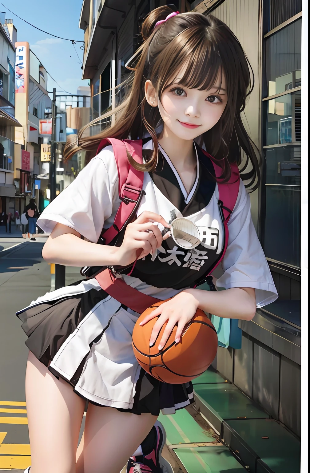anime girl with a basketball in her hand on a city street, high quality anime artstyle, realistic anime 3 d style, beautiful anime high school girl, anime style illustration, young anime girl, artwork in the style of guweiz, anime moe artstyle, realistic anime artstyle, anime style 4 k, ilya kuvshinov with long hair, an anime girl