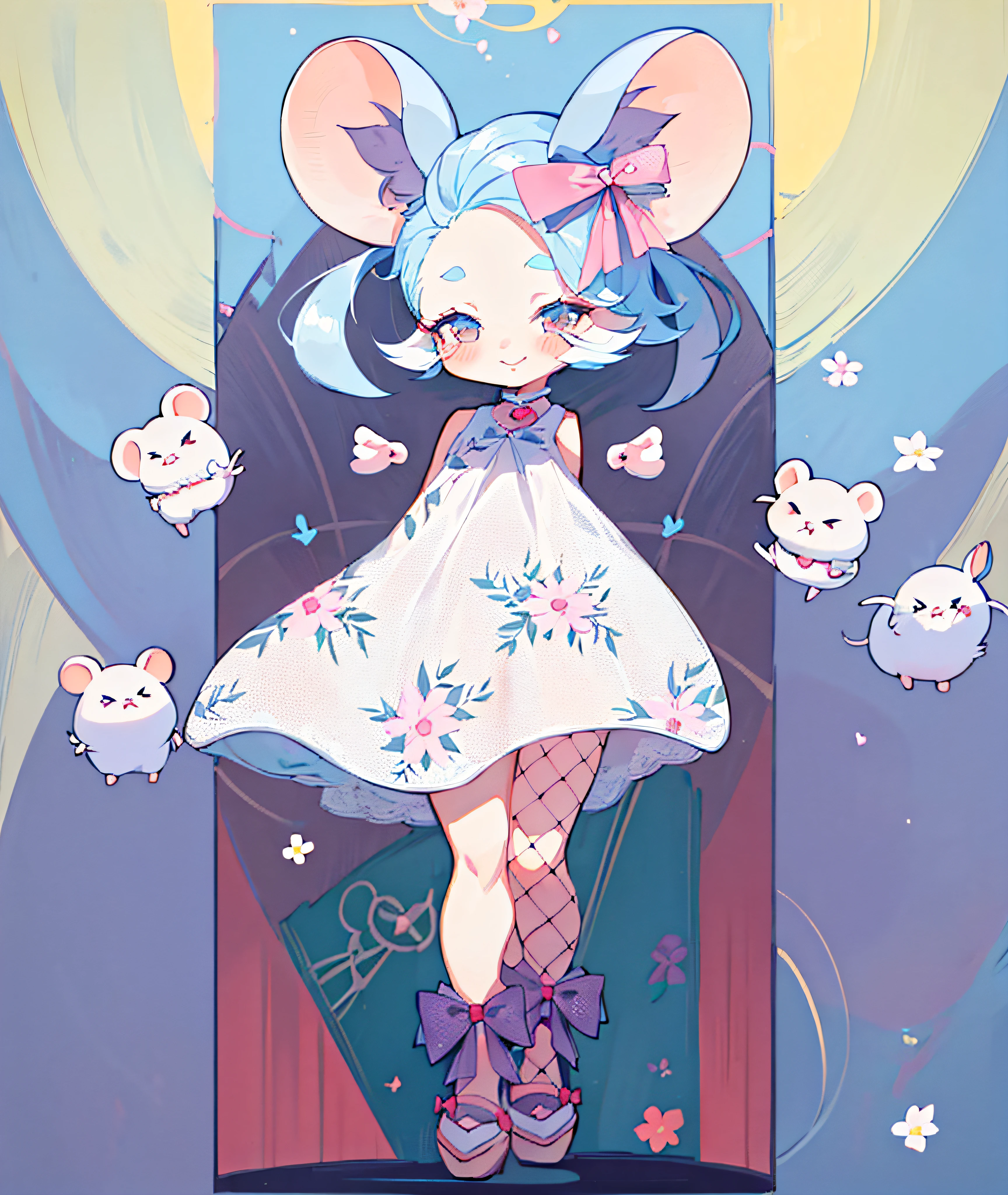 There is a cartoon mouse with a bow on her head, loli in dress, beautiful mouse - girl, full body adoptable, Cute anime waifu in a nice dress, full body portrait of a short!, Wearing a flower dress, mouse in clothes, character adoptable, original chibi bunny girl, elf girl wearing an flower suit, fully body photo, style of magical girl
