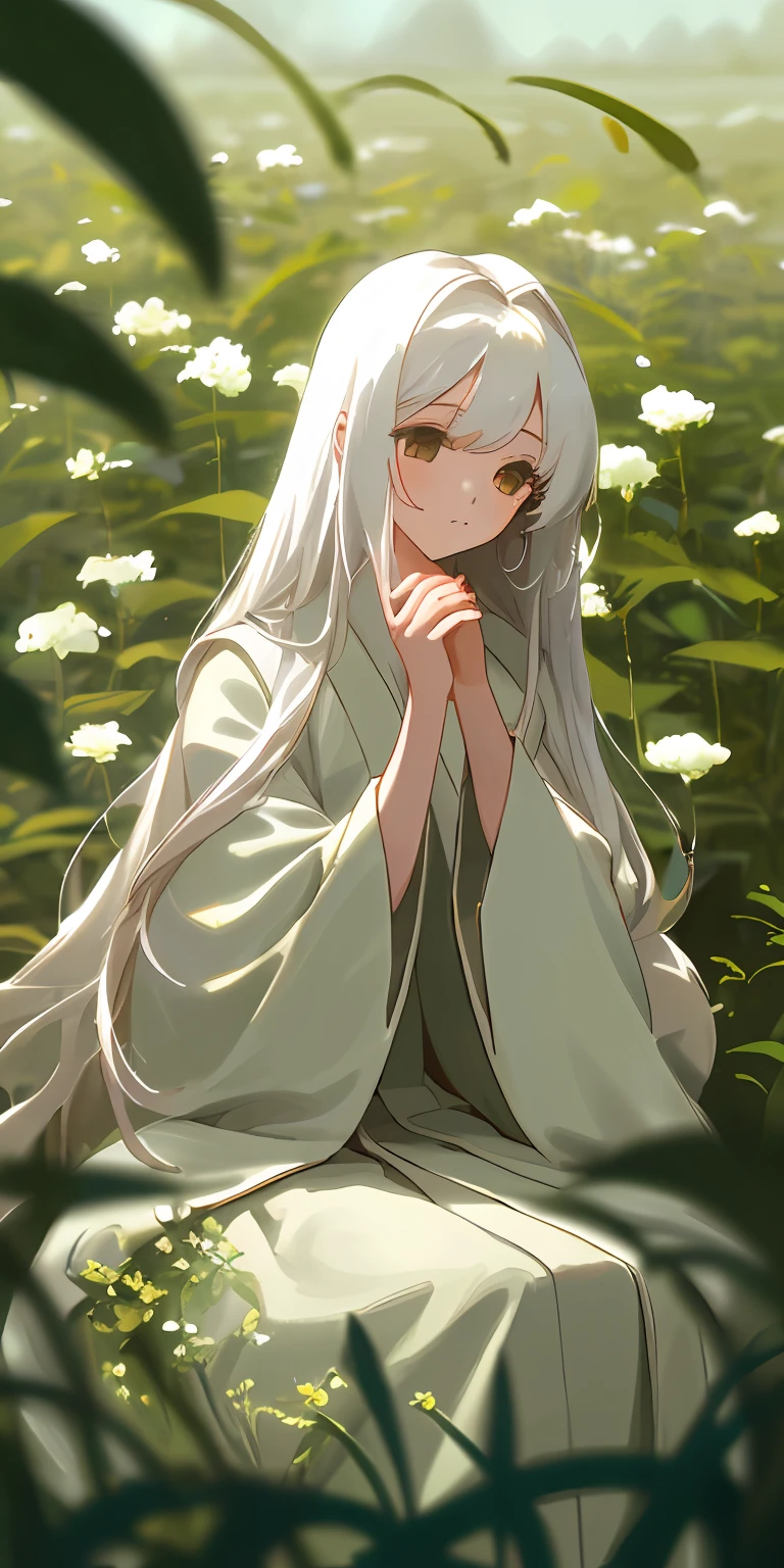 (masterpiece、top-quality)、One girl with long white hair sitting in a field of green plants and flowers、Put your hands under your chin、Warm lighting、robe blanche、blurred foreground、Hanging