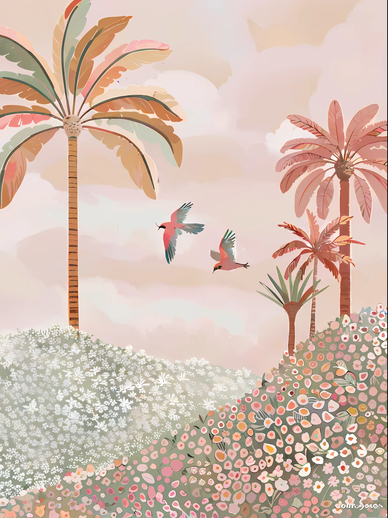 (alta qualidade), There are two birds flying over a field of flowers and trees, illustration", lush oasis, humor tropical, Directed by: Lucette Barker, Uma paisagem tropical abstrata, watercolor artwork of exotic, tropics, mythical floral hills, paisagem cor-de-rosa, aves tropicais, paisagem arejada, Directed by: Anita Malfatti, Jane Newland, Directed by: Josse Lieferinxe, dreamy illustration