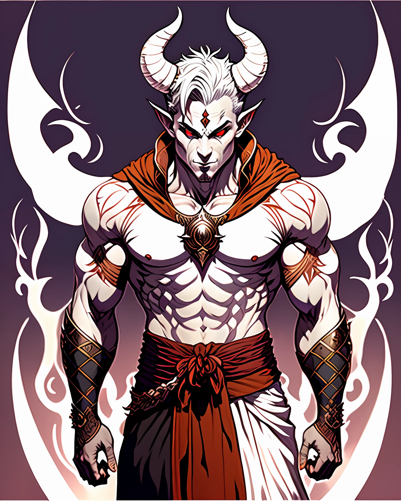 half demon male, white skin, full body, two detailed horns, using monk vest, sharp, fine details, American comic style, vibrant realistic colors, full color, heroic fantasy, intense line art, 8k, precise linework, realistic, in the style of J. Scott Campbell