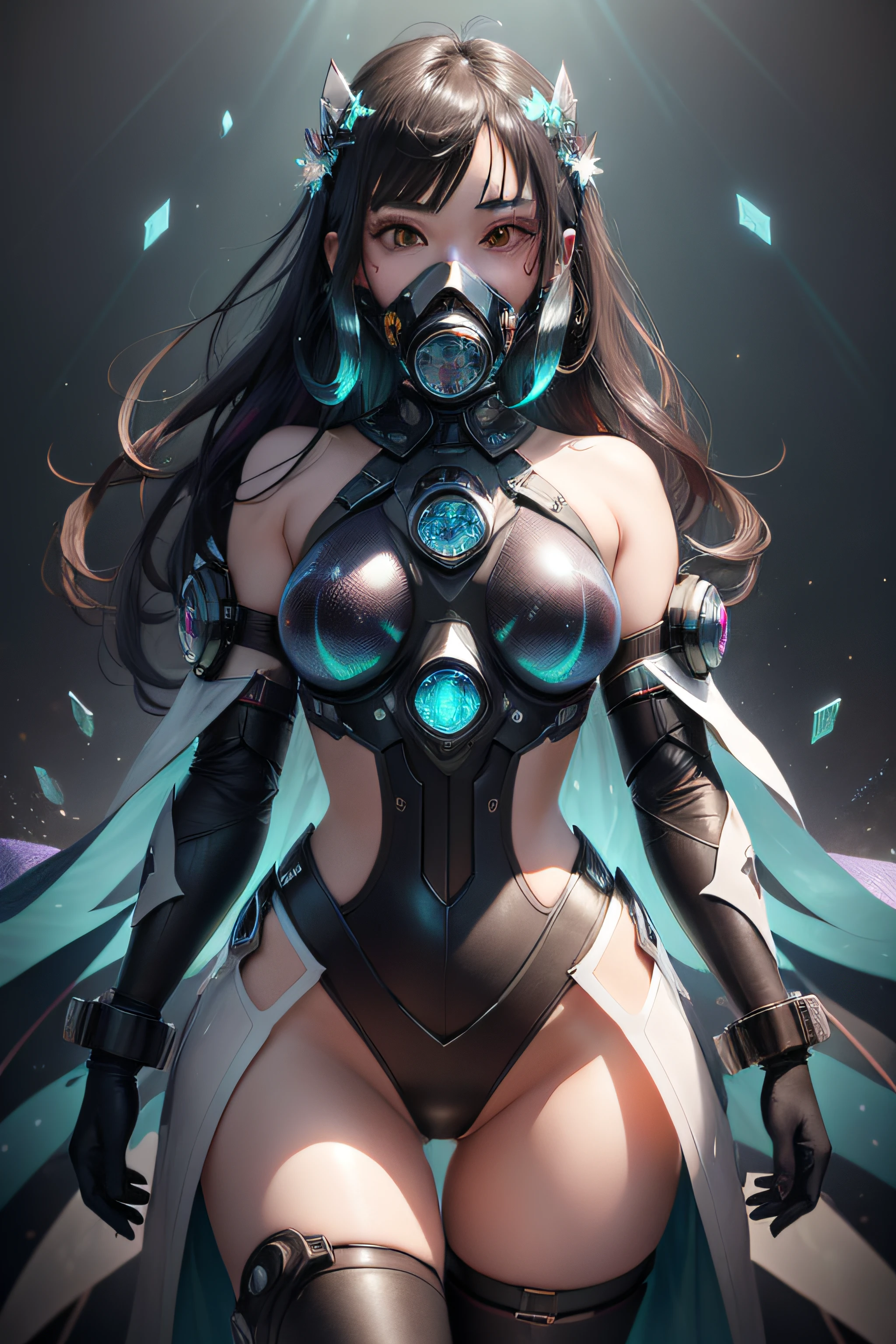 Create a glitched anime profile picture that has a gas mask on, Broken Glass effect, no background, stunning, something that even doesn't exist, mythical being, energy, molecular, textures, iridescent and luminescent scales, breathtaking beauty, pure perfection, divine presence, unforgettable, impressive, breathtaking beauty, Volumetric light, auras, rays, vivid colors reflects