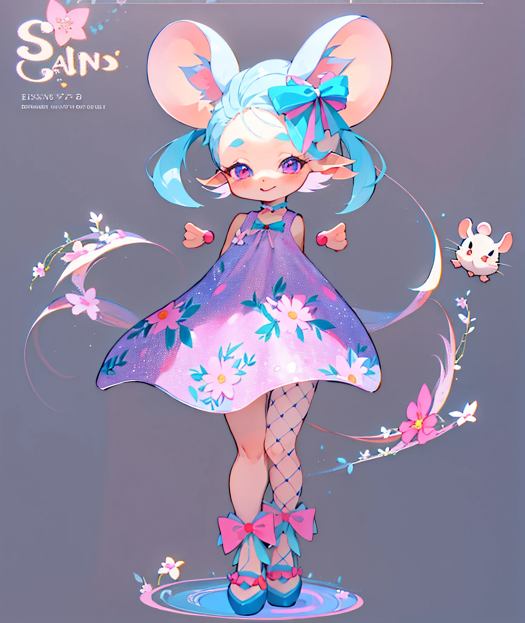 There is a cartoon mouse with a bow on her head, in dress, full body adoptable, beautiful mouse - girl, Cute anime waifu in a nice dress, full body portrait of a short!, Wearing a flower dress, mouse in clothes, character adoptable, original chibi bunny girl, elf girl wearing an flower suit, fully body photo, style of magical girl