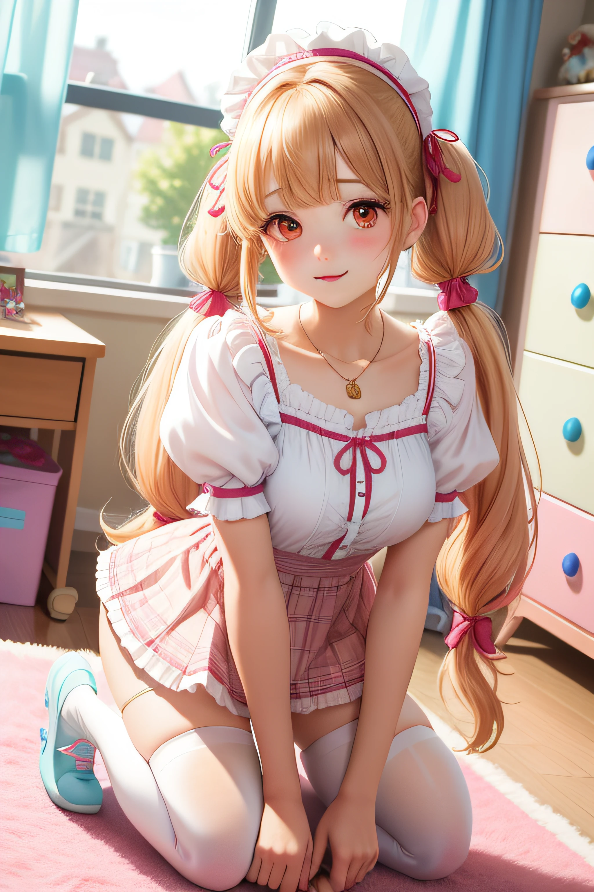 masterpiece,best quality,(solo:1.3),1girl,(tareme:1.2),(full body:1.2),kneeling,leaning forward,bent over,(low-tied_long_hair:1.3),(low twintails:1.2), dress, ribbons,hair ribbon,very long hair,hair ornament,hair flower, smile, looking at viewer, pink headwear,red eyes,symbol-shaped pupils, short sleeves, puffy sleeves, bangs, blush, blunt bangs, puffy short sleeves, jewelry, ribbon, plaid dress, makeup,eyelashes, necklace, wavy hair,(white thighhighs,thighs:1.2),indoors, messy room, window,sweet,girls's room,pink theme,painting \(medium\),teddy bear, stuffed toy, loaded interior,bedroom,(((otaku room)))