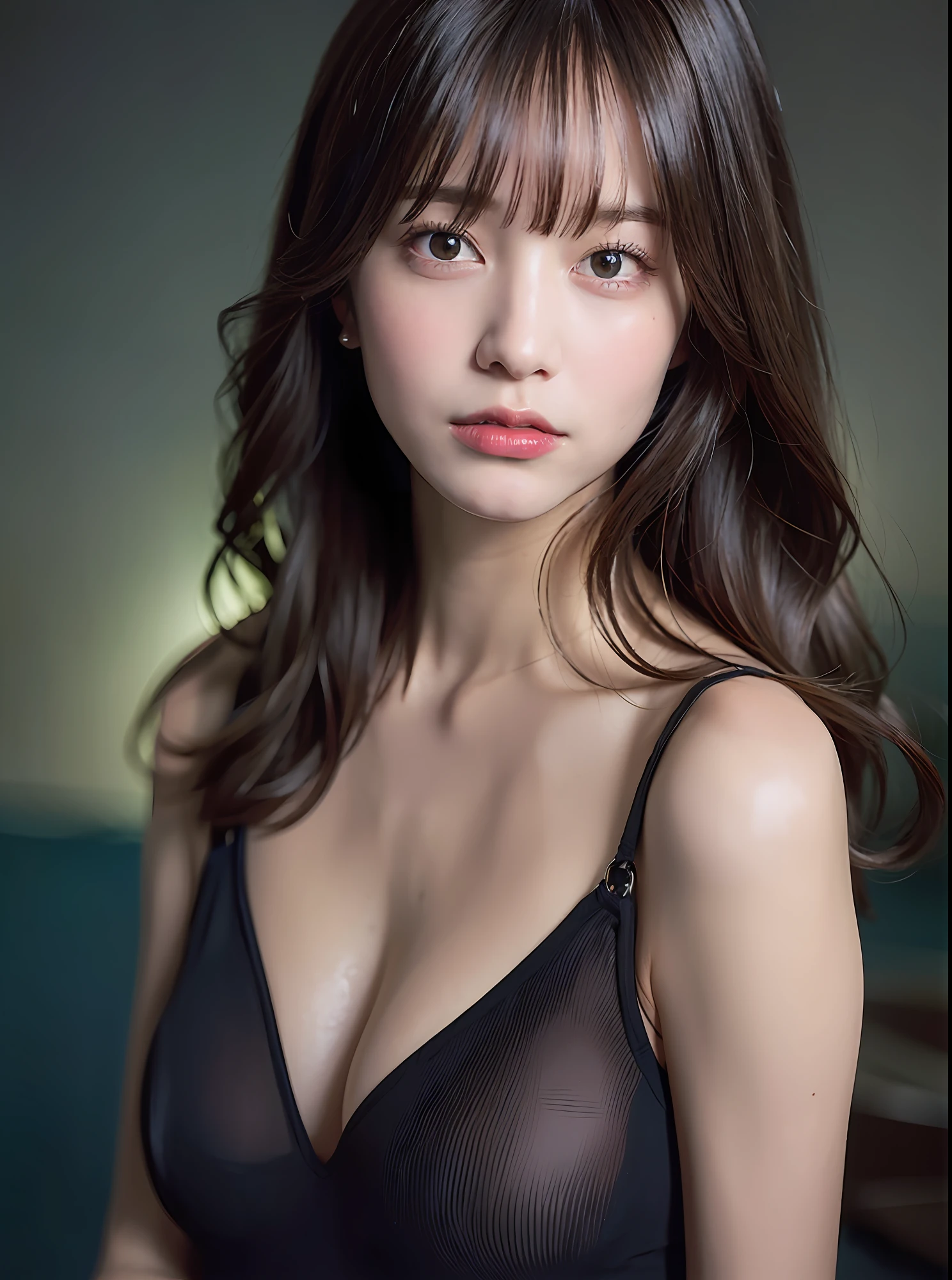 good hand,4k, high-res, masterpiece, best quality, head:1.3,((Hasselblad photography)), finely detailed skin, sharp focus, (cinematic lighting), collarbone, night, soft lighting, dynamic angle, [:(detailed face:1.2):0.2], armpit crease, thigh gap, black clothes, slender, medium breasts, cleavage,(((5 stars hotel pool background))), outside