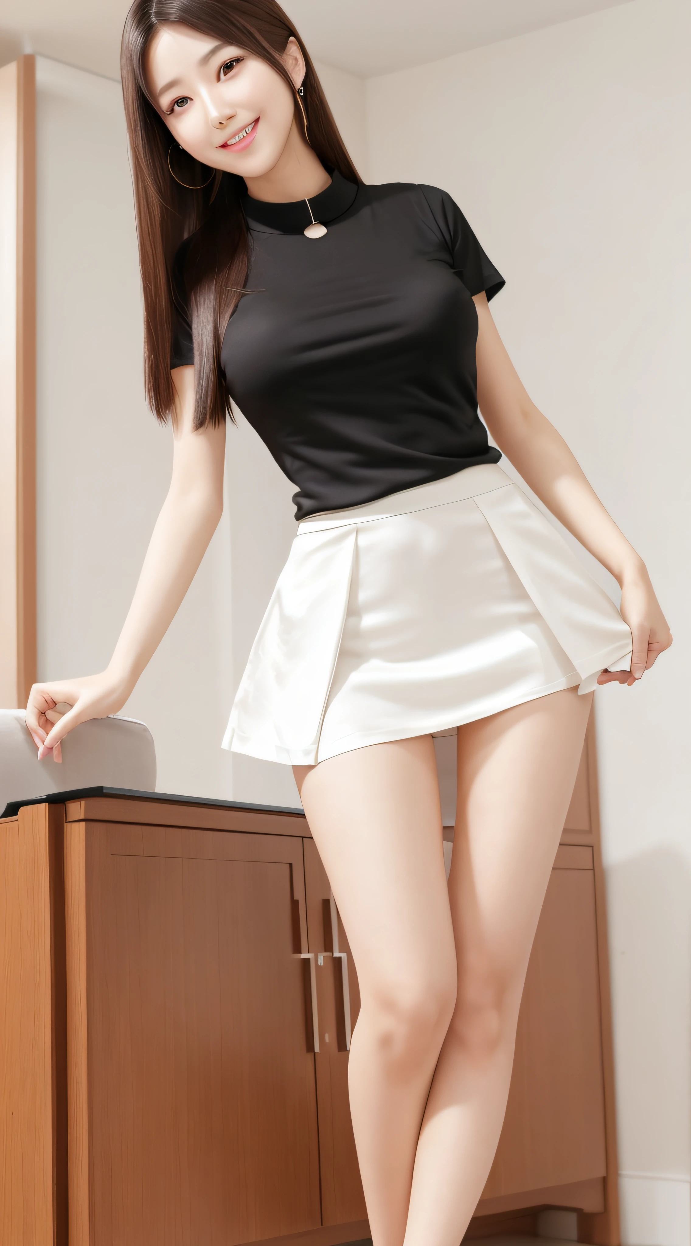 A mature and beautiful young woman unparalleled in Korea,Height 165cm,long leges,full lenght shot,Smiling,Low neck cotton collar T-shirt,Silk miniskirt,Being in the room,standing on your feet,show legs,low chest,Elevation viewing angle