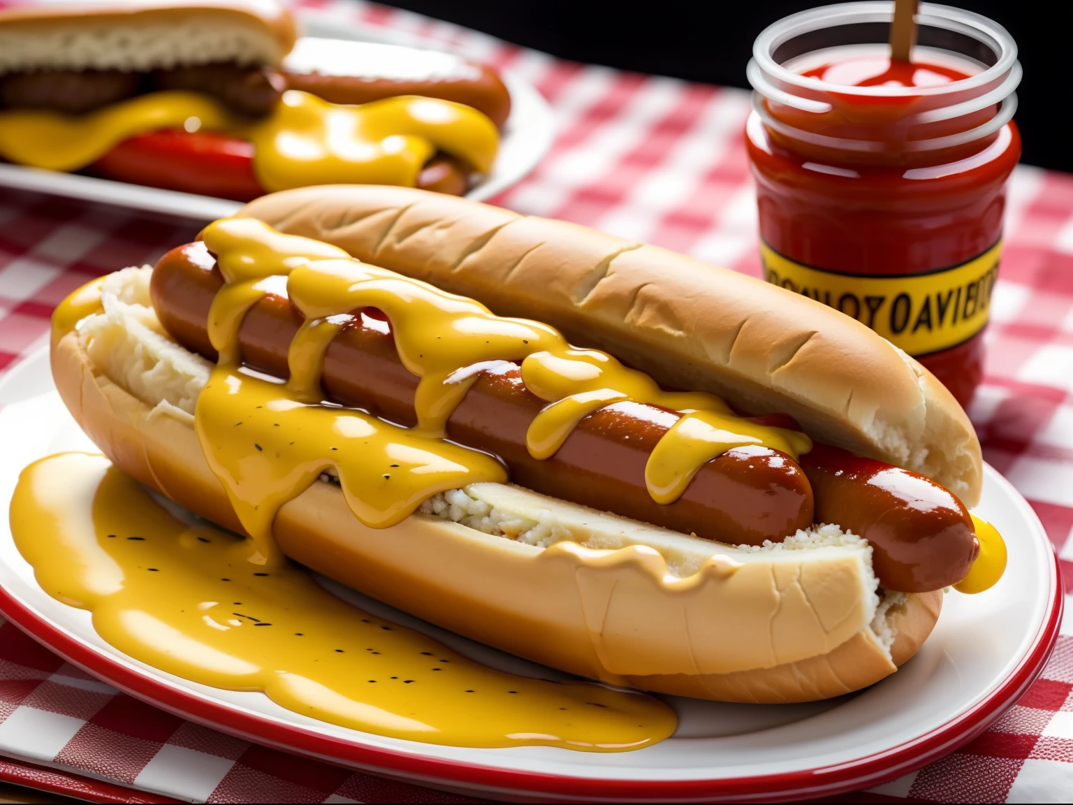 food photo, hot dog, ketchup and mustard,