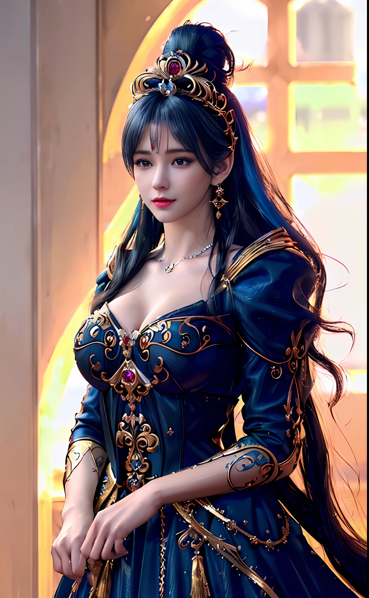 ((realisticity: 1.2)), ((best resolution: 8K UHD)), best quality,masterpiece,highres,cg,
((1 super detailed and super realistic girl)), ((very beautiful queen dazzling, super realistic, and super detailed)),((white skin, beautiful, smooth, youthful, super realistic and super detailed
)), long hair, ((super realistic and super detailed dress)), solo, ((super realistic, super beautiful, gorgeous and super detailed jewelry)), ((super beautiful, super realistic and super detailed dark red and golden yellow dress)),
((super beautiful, super realistic, super detailed diamond filled earrings)),
((super beautiful, super realistic and super detailed diamond filled hair ornament)), ((super beautiful upper body, super beautiful, super realistic and super detailed)), ((big breasts: 2.5)),
((super grand, super realistic and super detailed royal palace backgroun))
((super beautiful, super beautiful, super realistic and super detailed hair bun)), ((super beautiful, super realistic and super detailed blue hair)),
candid, Photograph, high resolution, 8k,Bokeh,