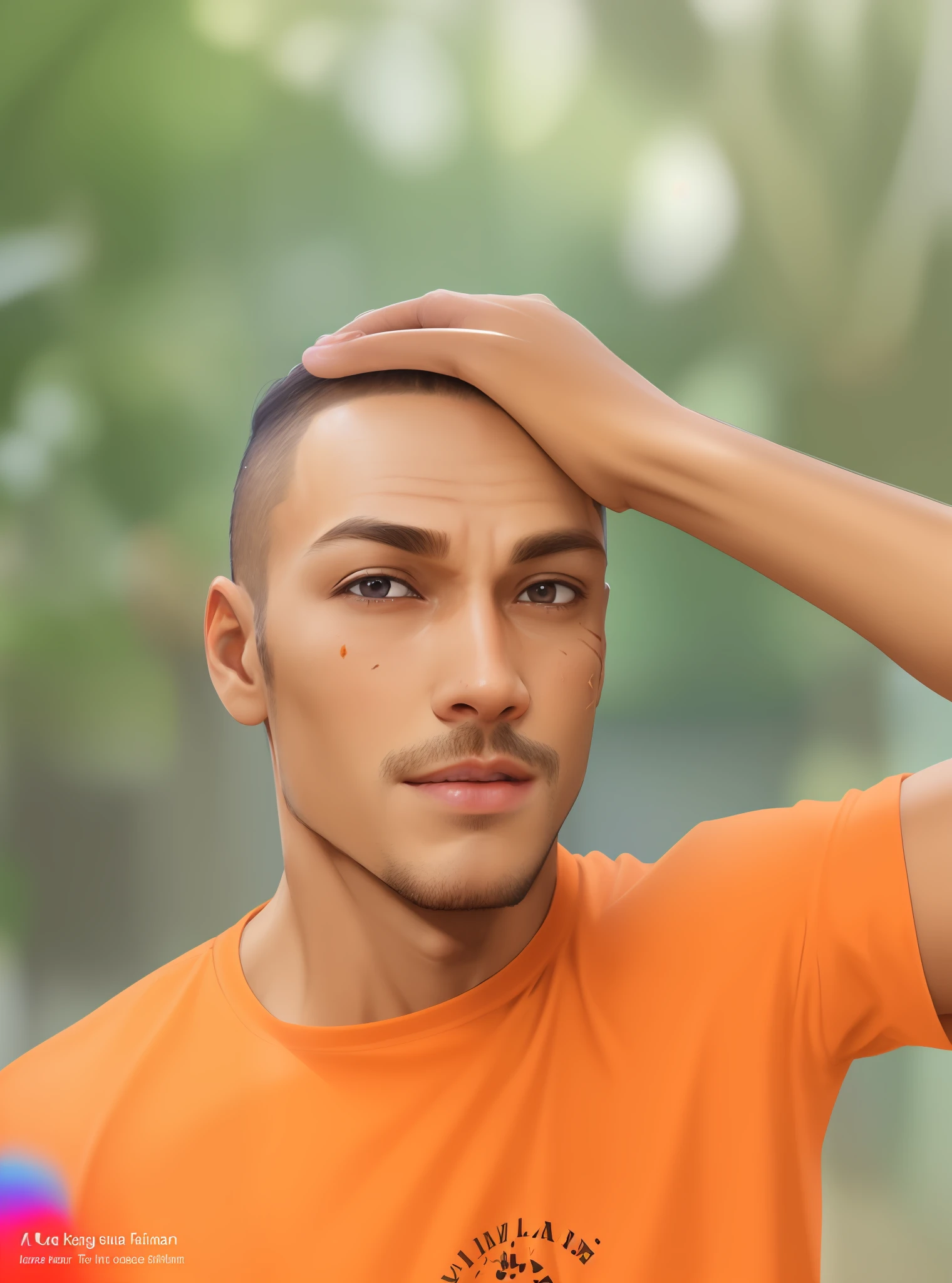 there is a man with a orange shirt holding a banana, showing forehead, large forehead, third eye in middle of forehead, short hair on top of his head, third eye middle of forehead, buzzed hair on temple, thin scar on his forehead, lean man with light tan skin, closeup of sweating forehead, visible forehead, bigger forehead, forehead only, bare forehead