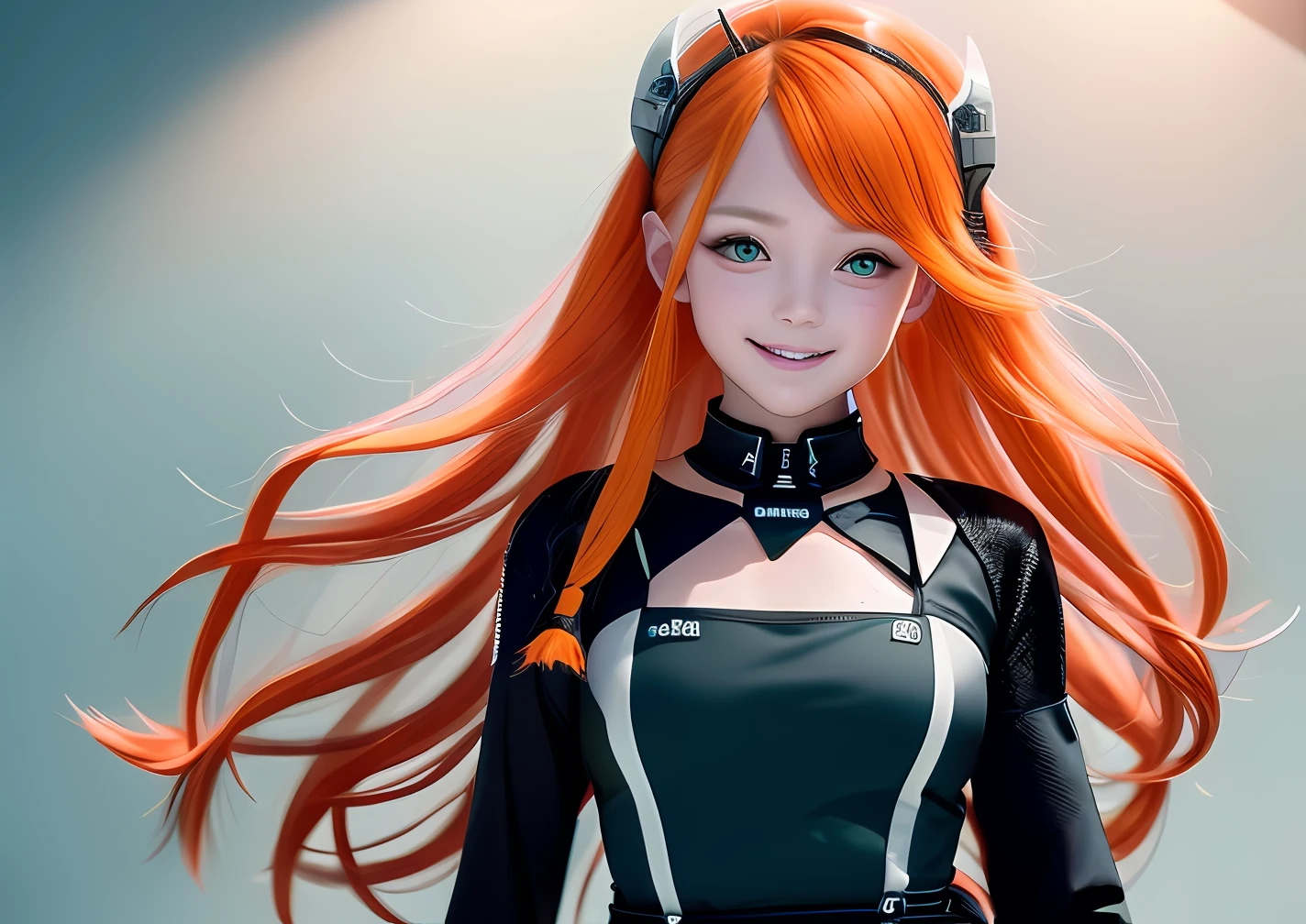 A high resolution, Masterpiece, Best quality, 1girll, Simple background, Game CG, Ultra detailed, Cinematic lighting, High contrast, Sharpen, arknight, Orange hair, Pixel fan tray, Skinny, Floating hair, Tall, Detailed clothes, Smile, Aqua Eye