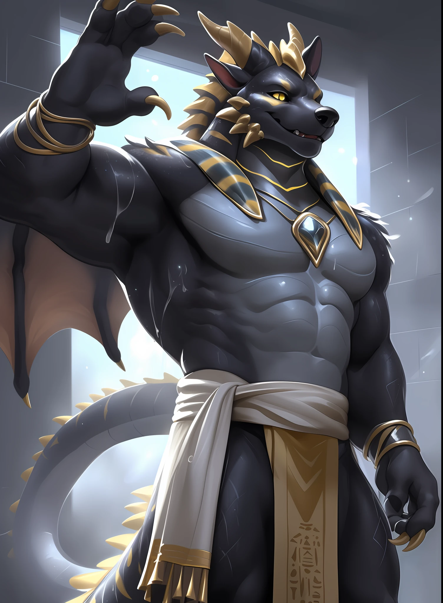 Solo, Male, (Muscular), sacrifices, (male anthro wolf):1.3, Pure black body, (Kamimei):1.3, (komono:1.4) (DOA):1.23, (，Wear a white bathrobe）, Detailed eyes, lizard tail,A pair of dragon horns, A pair of dragon wings，((half-body portrait)), (Detailed eyes, Yellow eyes are always red, Black skin，Yellow stripes，Sharp claws，Cute beast claws，drools，Fluid spills from the lower body，Milk spilled all over the floor，Egyptian costumes，Egyptian totem，Abinus，glowing light eyes):1.1, (exteriors:1.35), In the bathroom，taking a shower，Bright lights， Be red in the face，Collar，submit to，drunk，enjoying，looking to the camera，Reached，having fun（Particle，glowworm，blue glowing）：1.3，detailedbackground，realisticlying，realistic hand，8k hdr，（Wide dynamic range，hdr，low-light：1.2），author（pino daeni，（author：by ruaidri），author：virtyalfobo）