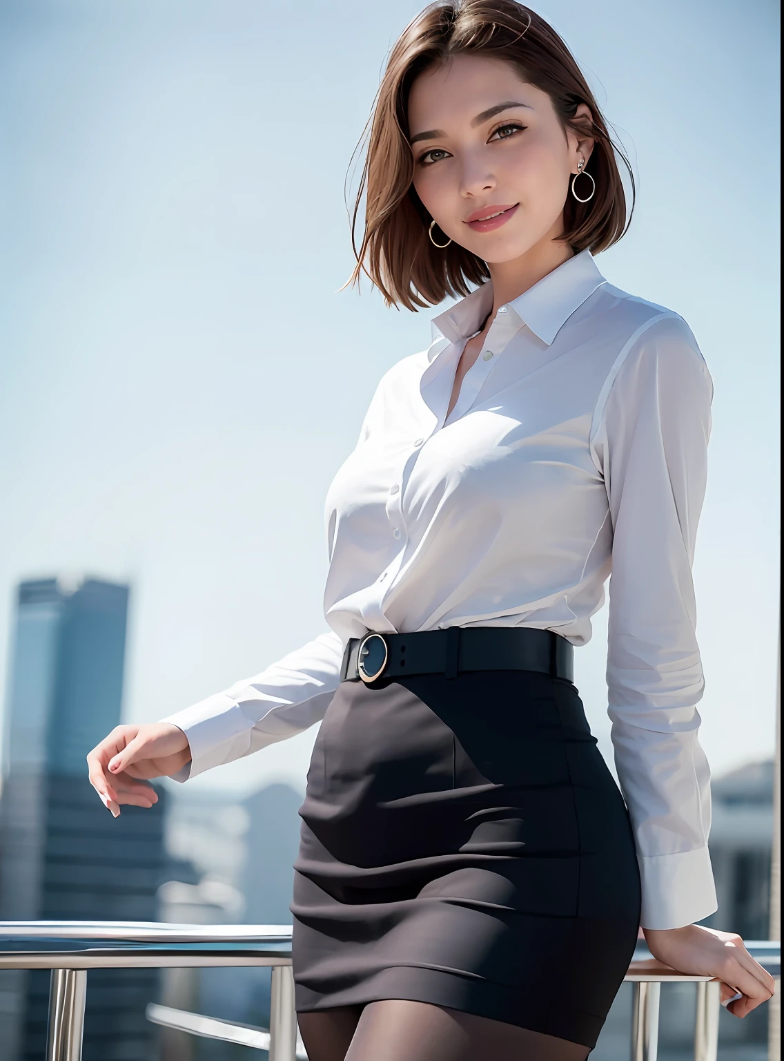 (8K, Best quality, Masterpiece:1.2),
(Realistic, photo-realistic:1.37),
Ultra-detailed,
1 girl, full bodyesbian, Outdoors, (Adjust hair:1.5)
Office Lady, black officeblazer, officeskirt, (Pantyhose:1.2), (short buttoneddownshirt:1.2), buttonedupcollarprim, buttoneddowncollarprim, Bra, (Pantyhose:1.2), alphalayers, high-heels,
Beautiful earrings,
Cute,
Solo,
Beautiful detailed sky,
(Smile:1.15),
(Closed mouth),
Small breasts,
Beautiful detailed eyes,
Business attire,
(Short hair:1.2),
Floating hair NovaFrogStyle,