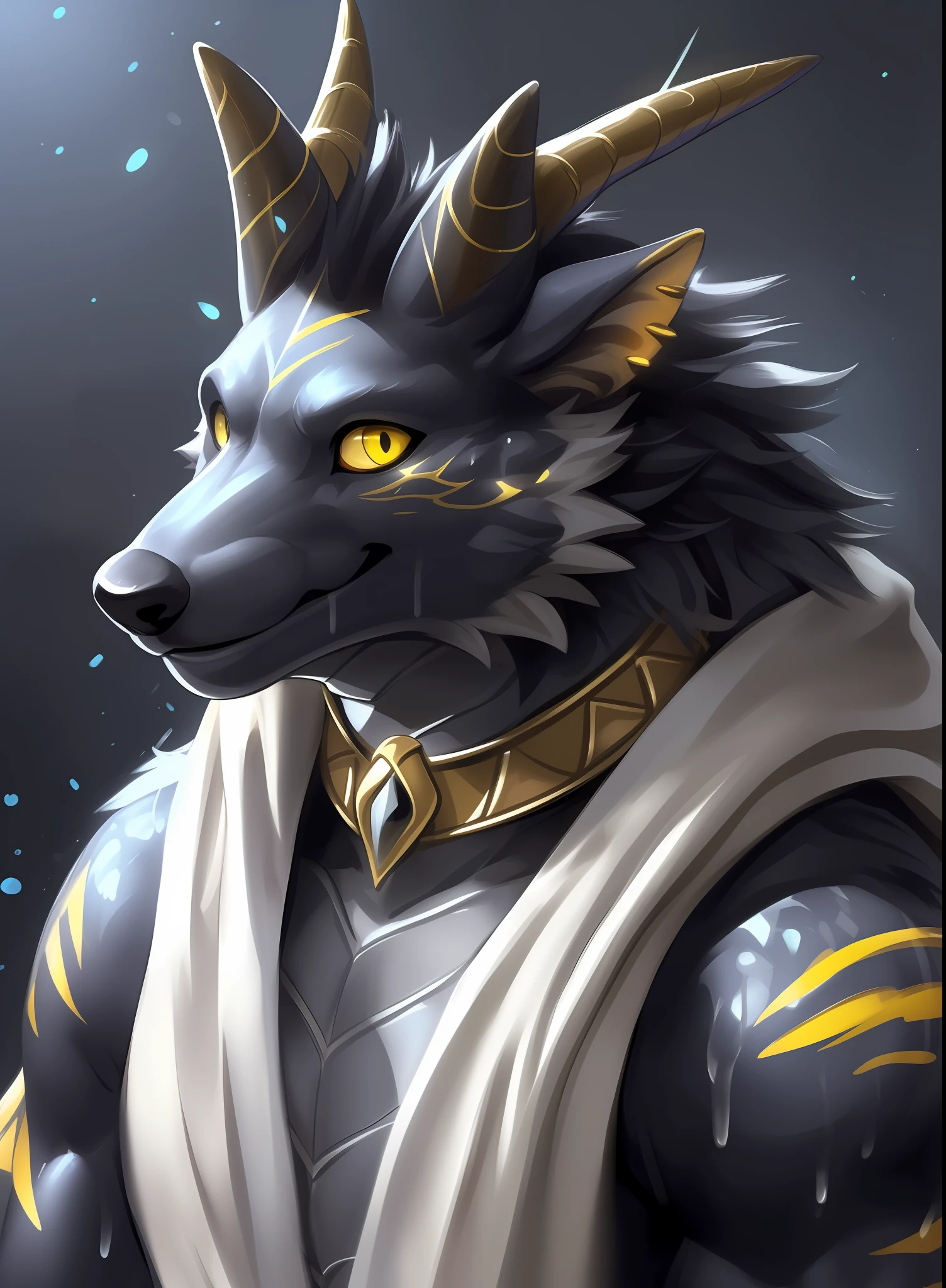 Solo, Male, (Muscular), sacrifices, (male anthro wolf):1.3, Pure black body, (Kamimei):1.3, (komono:1.4) (DOA):1.23, (，Wear a white bathrobe）, Detailed eyes, lizard tail,A pair of dragon horns, A pair of dragon wings，((half-body portrait)), (Detailed eyes, Yellow eyes are always red, Black skin，Yellow stripes，Sharp claws，Cute beast claws，drools，Fluid spills from the lower body，Milk spilled all over the floor，Egyptian costumes，Egyptian totem，Abinus，glowing light eyes):1.1, (exteriors:1.35), In the bathroom，taking a shower，Bright lights， Be red in the face，Collar，submit to，drunk，enjoying，looking to the camera，Reached，having fun（Particle，glowworm，blue glowing）：1.3，detailedbackground，realisticlying，realistic hand，8k hdr，（Wide dynamic range，hdr，low-light：1.2），author（pino daeni，（author：by ruaidri），author：virtyalfobo）