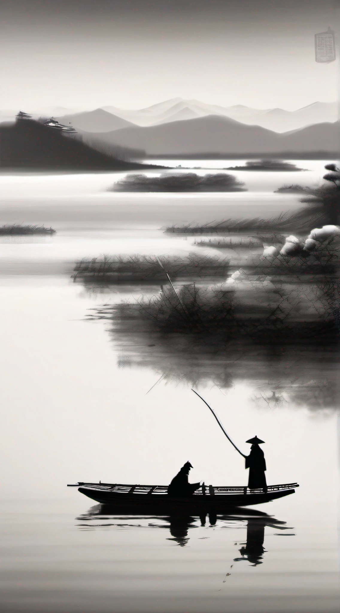 Traditional Chinese style，Black and white Chinese ink painting，water ink，ink，Smudge，Winters，nevando，Oyuki，In the distance, The mountains on all sides are covered with thick snow，On an empty and wide irregular circular lake, On a lonely ship,Boat， An old man in a robe sits fishing，Ultra-wide lens，Ultra vision，Empty River，Ethereal breath，Beautiful artistic conception，Ancient Chinese poetry
