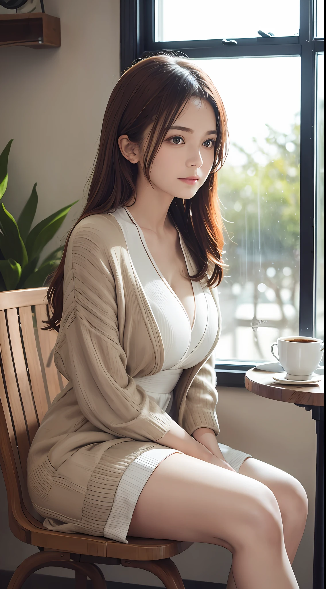 portrait photograph, RAW photo, evening, sunset, raining, hyper photorealistic, plunginge neckline, cleavage, (1girl, innocent face, dressed in an elegant chic patterned dress, wear a s light cardigan, fashionable sneakers),
blonde, red streaked hair, multicolored hair, pillows, shiny skin,
sitting on comfy wooden chair, a steaming cup of aromatic coffee, Cozy coffee shop on a rainy afternoon, with a rustic theme and warm ambiance, sitting close to window, gazing through window, raindrops on window, looking away, looking outside,
Soft jazz music fills the air, creating a soothing atmosphere,,
highly detailed, best quality, ultra detailed, extremely detailed, taken from mobile camera, f/22, depth of field, film grain, detailed intricate iris, detailed, detailed face, (high detailed skin:1.2),
