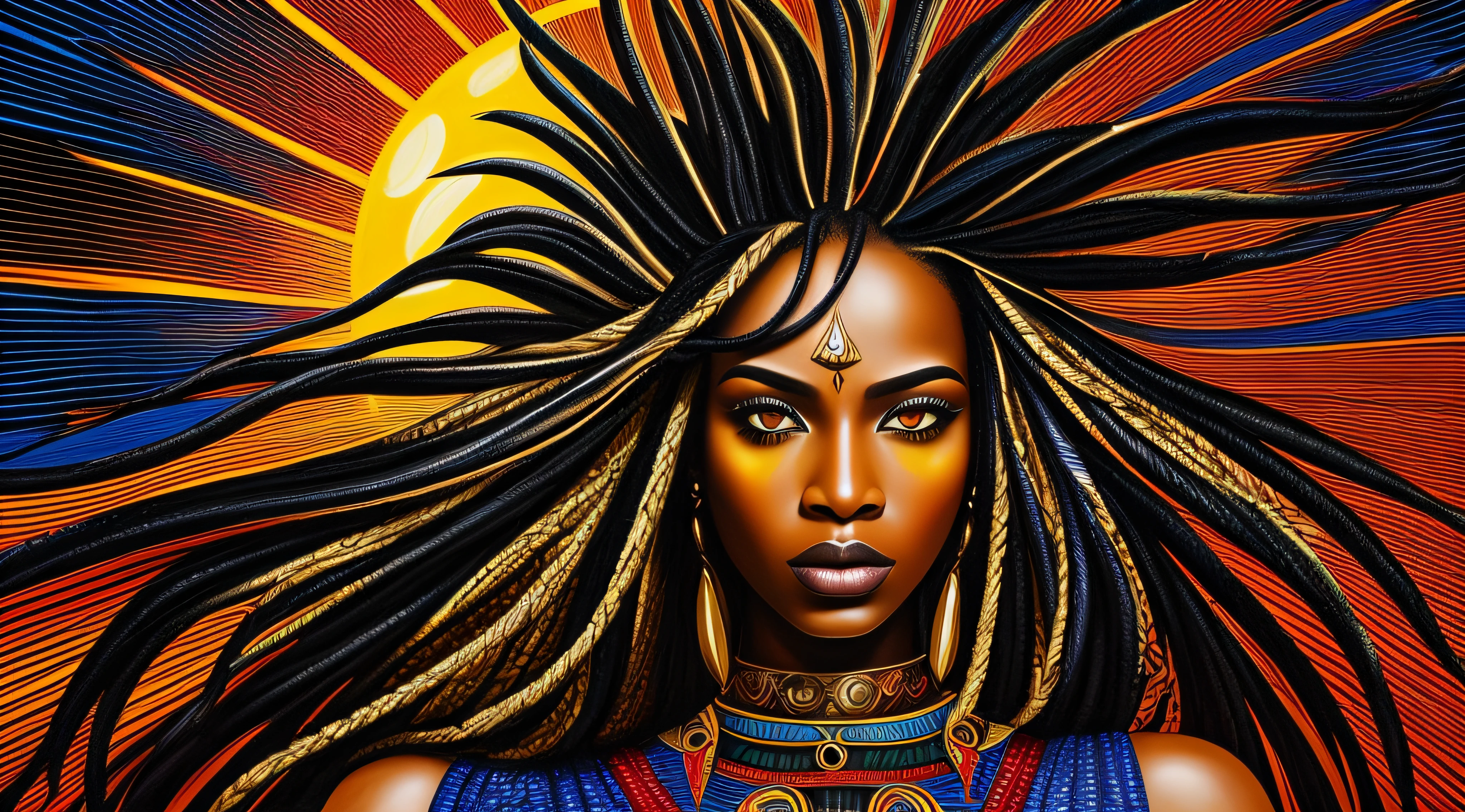 «»An artistic depiction of an Afro-futuristic Black metal scagliola sunshine,«» embodying the essence of futuristic technology and African heritage with a touch of artistic flair. The image features a stylized sun symbol created with bold and expressive scagliola patterns, celebrating the richness of African cultural elements in an imaginative and creative way. The Afro-futuristic design is inspired by the spirit of innovation and progress, blending harmoniously with the cultural roots of the African continent.
The sun symbol is portrayed with a unique artistic vision, combining metallic textures with abstract and fluid scagliola patterns that symbolize energy and movement. The color palette is carefully selected to reflect the vibrant and diverse colors of African art and culture. The lighting adds a sense of depth and atmosphere to the artwork, creating a visually captivating and engaging composition.
The resolution is set to a high level, allowing for intricate artistic details and the faithful representation of the Afro-futuristic Black metal scagliola sunshine. The final artwork should be an evocative and visually captivating portrayal, showcasing the fusion of Afro-futurism, Black metal, and scagliola art in a compelling and imaginative artistic image.