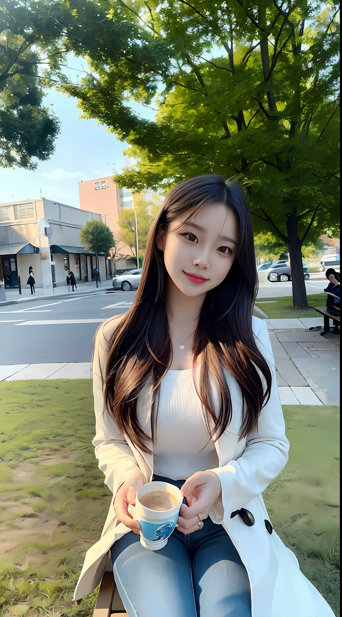 hyper-detailing， A high resolution， （realisticlying， realisticlying：1.4）， 8k， （best qualtiy）， physically-based renderingt， Realistic photography， professional colorgraded， HighestQuali， （（HighestQuali））， （（tmasterpiece））， （（realisticlying））， Portrait of a woman with long straight hair sitting on a cozy park bench drinking a cup of coffee。The painting captures the warmth and atmosphere of the environment with soft lighting。Artist Vincent van Gogh brought his unique impressionist style to life with vibrant and dynamic lighting。The medium used is oil on canvas，High-quality detail expression is ensured。It is colorful，Be expressive，Create realistic and captivating scenes。This masterpiece depicts the serenity and beauty of its subject，The moment was perfectly captured。Eye-level、scenecy、tmasterpiece，wearing a trenchcoat，