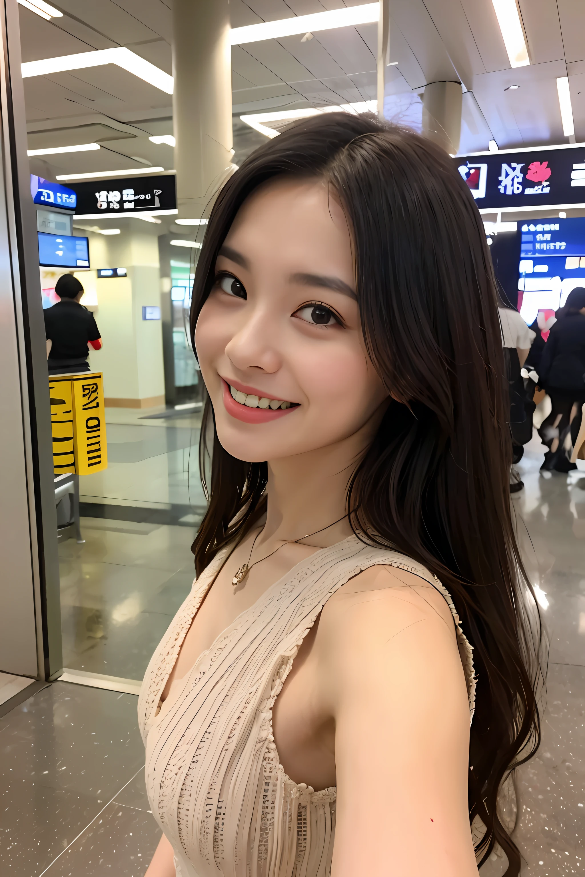 (masutepiece:1.3)、(8K、photographrealistic、Raw photography、top-quality: 1.4)、super definition、Anatomically correct、Textured skin、((1girl in、Solo))、((Shooting for one person only))、beautiful expression、(Realistic face)、Korean model(A dark-haired、Center division、long:1.3)、Chinese models(A dark-haired、Center division、long:1.3)、More Korean than Chinese、Realistic eyes、real looking skin、Beautiful details、Beautiful skins、A charming smile、high resolution、(Hyper-realistic)、Anatomically correct、Textured skin、Sharp jawline、Perfect proportions 、(Plump bust)、Necklace、 (selfie photo)、(Departure Lobby)、(Narita Airport)、(Planes) 、Travel abroad 、Airplane seen through glass、(Sleeveless dress)