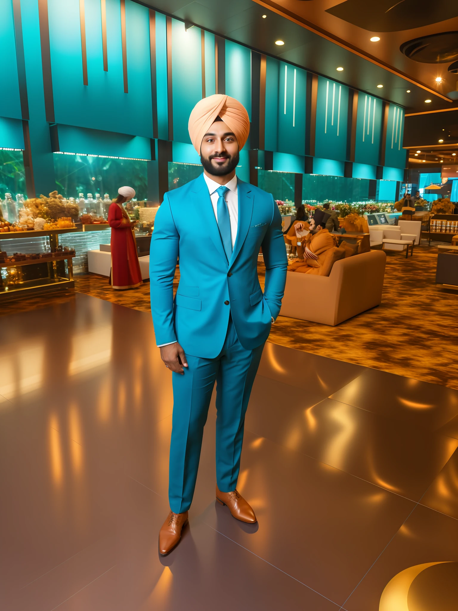 Replace the background with an unchanged face and turban, maintaining the same expression and pose. Optimize for 8k resolution and create an avatar-style profile photo with a realistic face.