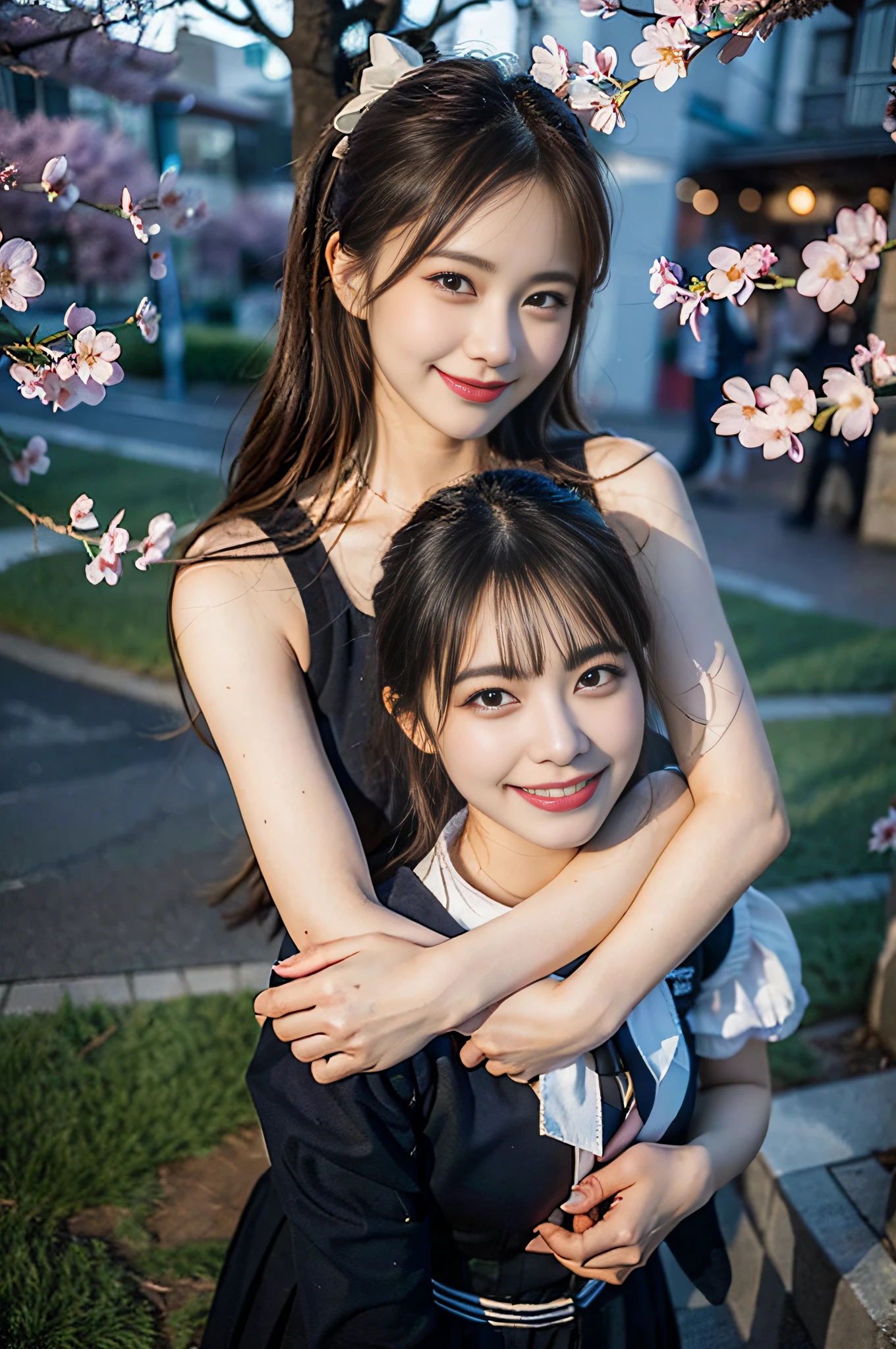 (8K,Raw photo、Raw photo、top-quality、Master masterpiece:1.2)、ultra-detailliert、Super Resolution、(Photorealsitic:1.3)、((Woman in the back hugs the woman in front))、((Woman hugging with arms around her from behind.))、high resolution RAW color photos、professional photograpy、Same skin type as humans、Female proofreading of Japan from head to waist、Blur the background、Draws faithfully to anatomy、Correct number of fingers、(Very beautiful and detailed night cherry blossom trees 1:1.37)((Cherry blossoms fluttering in the wind))、fullmoon、Very detailed and beautiful、Ultra-high image quality、Half-up hairstyle、Bun hair、poneyTail、High school girl in sailor suit、(Puffy cheeks)Detailed uniforms、Each face has its own distinctive features、Different face patterns、Farbe々Hairstyle、Brown hair fluttering in the night breeze、Hair swaying and sexy、Very detailed beautiful girl、(Pink Eye Shadow)、Red tie、Smiling smile、