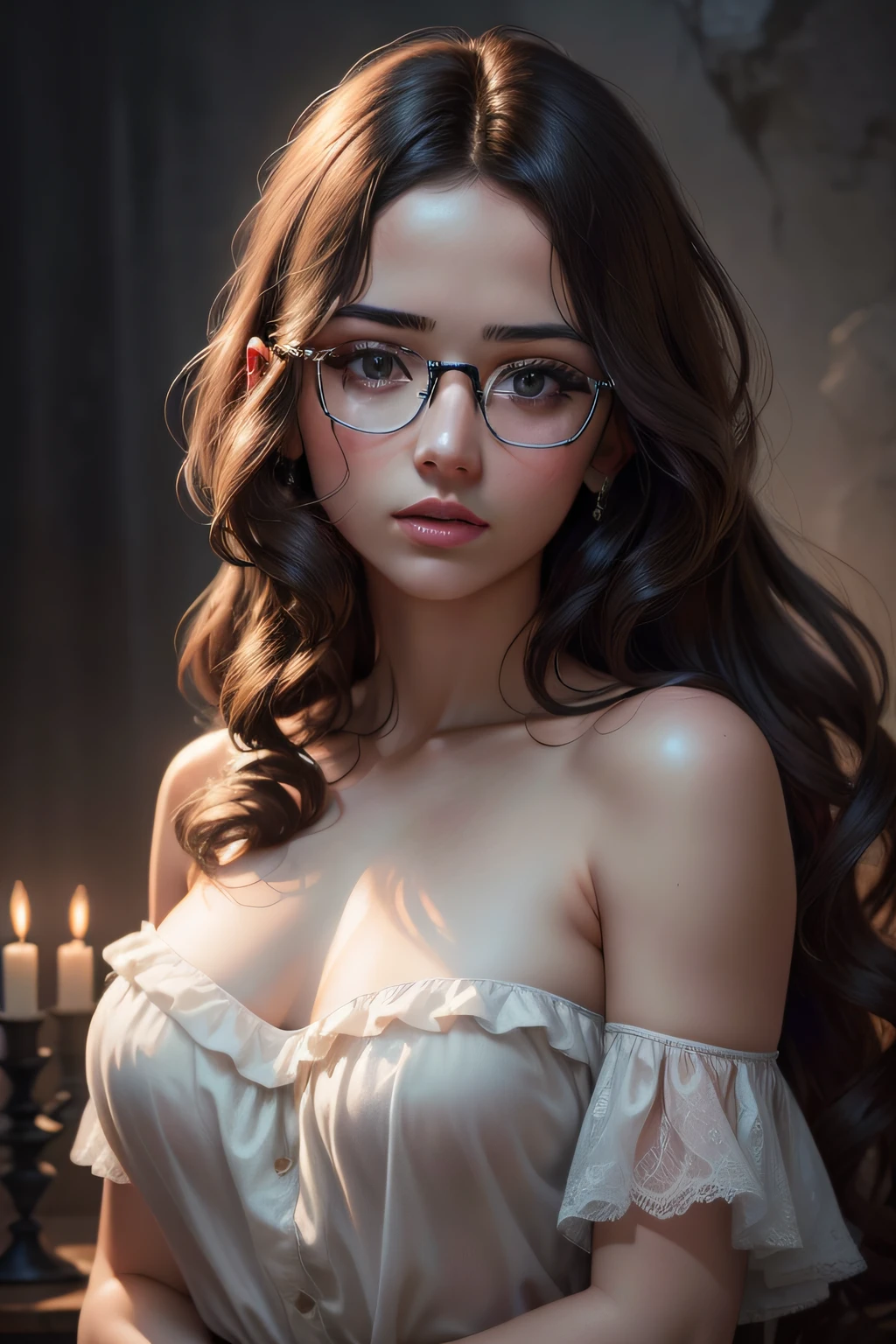 Best quality, masterpiece, ultra high res, (photorealistic:1.5), raw photo, 1girl, offshoulder, in the dark, deep shadow, low key, cold light, sexy look, brunette color wavy long hair, white color frock, with glasses