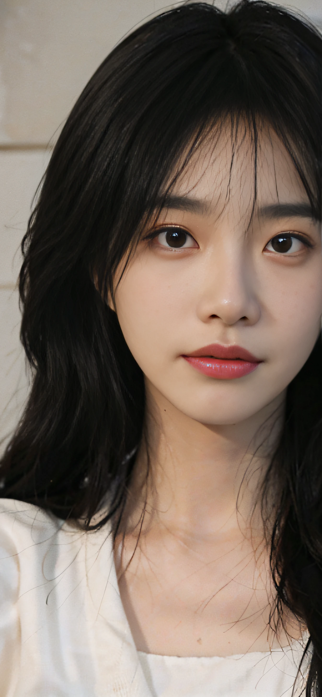 a close up of a woman with long hair wearing a white towel, a photorealistic painting by Zhang Han, tumblr, realism, realistic. cheng yi, soft portrait shot 8 k, lovely delicate face, beautiful delicate face, beautiful aesthetic face, beautiful realistic face, extremely beautiful face, guweiz, cute natural anime face, photorealistic anime, realistic beautiful face