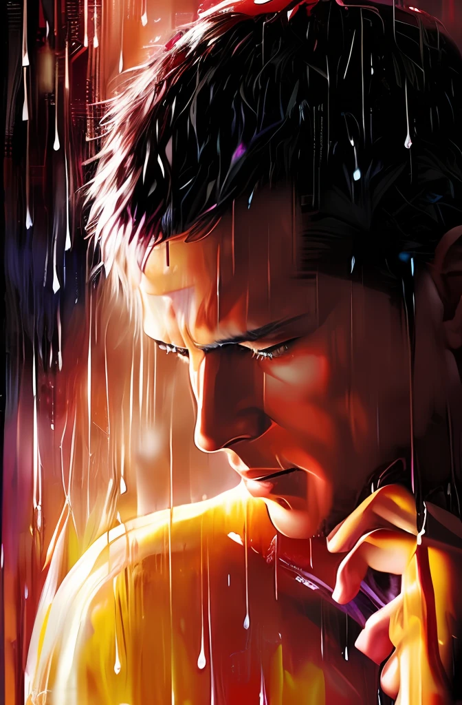 under the rain、Picture of a man talking on a mobile phone, Blade runner in the rain, dramatic artwork, Movie Poster Painting, high quality digital painting, gorgeous art, imaginefx : : Hyper-Realism, avatar image, Drew Struzan Thomas Allen Copella, raining portrait, Emotional oil painting, comic cover painting, water dripping off him