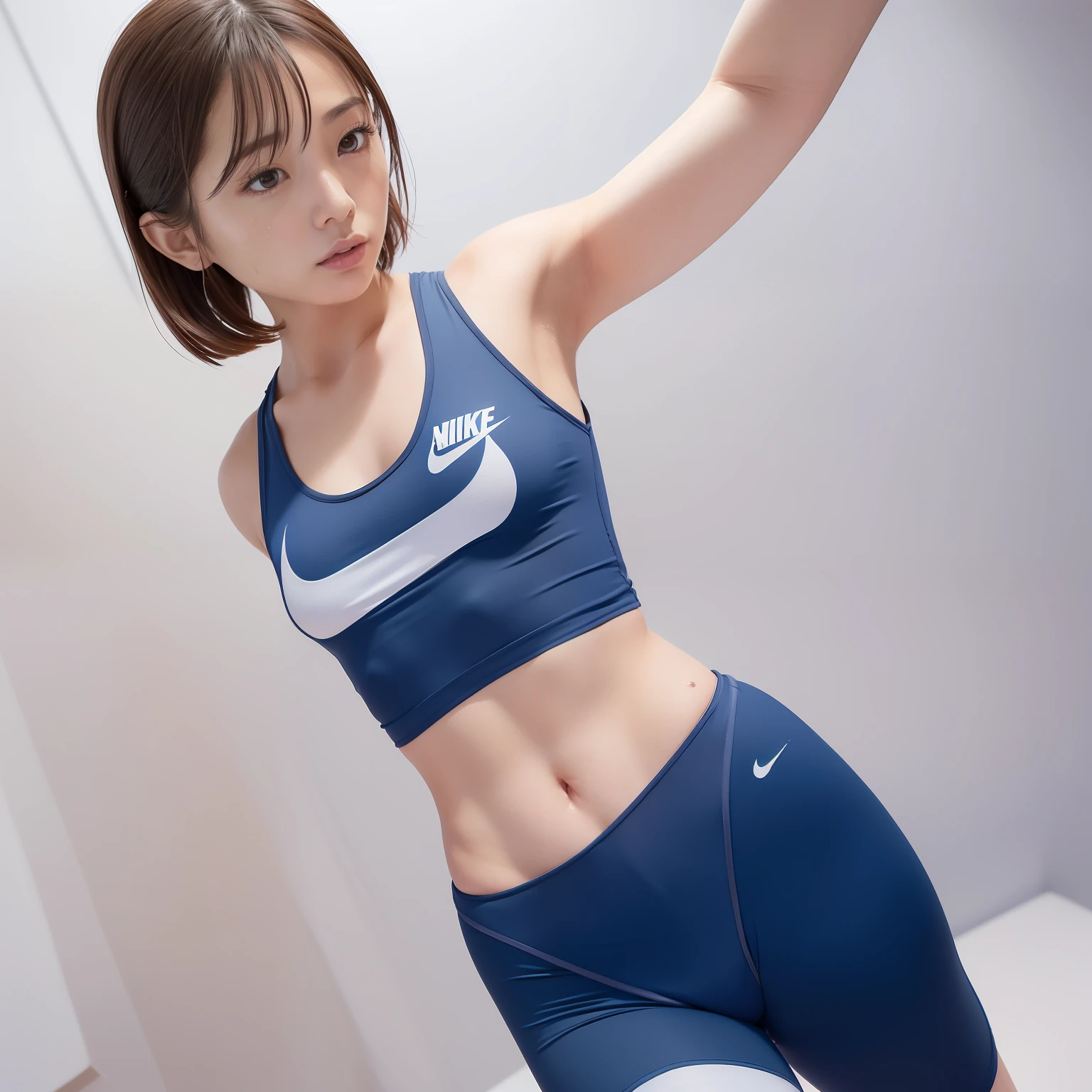 (Solo), (a detailed full-body RAW photo of a girl), (masutepiece:1.0), (Best Quality:1.4), (超A high resolution:1.2), (Photorealistic:1.4), 8K resolution, Canon EOS R5, 50 millimeters, absurderes, ultra-detailliert, (40yo), back focus, Cinematic lighting, Detailed beautiful face, (no-makeup:1.2), (ulzzang -6500-v1.1), petite figure, Detailed skin texture, (flat chest:1.4), (skinny and fit body:1.6), Detailed brown hair, sweltering,(Very short hair:1.5), See Through wear, (Blue and White Nike Wet Thin Competition Athletic spandex Wear:1.5), More transparent, low rise, realistic glistening skin, Detailed texture, (erect nipples:1.5), dynamic pose, (:0.2), Very small, (satomi ishihara:0.9), Cameltoe, well-developed abs,