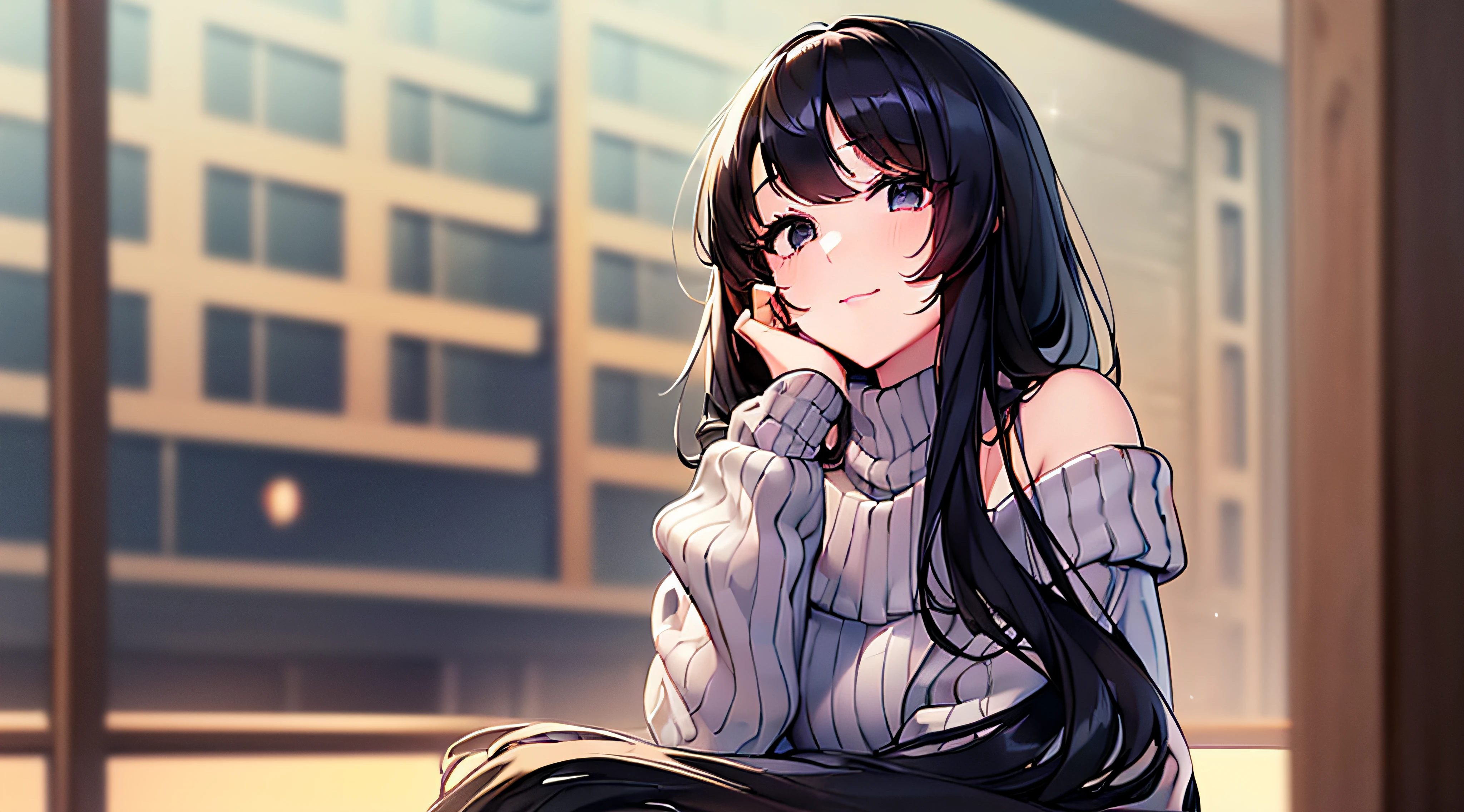 (((Cute off-the-shoulder sweater))) 、(((a girl solo)))、 Long black hair with slightly wavy hair、Black eyes、Superlative quality、((Top-notch image quality))、Neat and clean girls、beautiful a girl、Erotic look、Dainty girl、(((Poses)))、lightsmile、(((fullllbody)))、Black Choker、Looking at Viewer、Bare legged