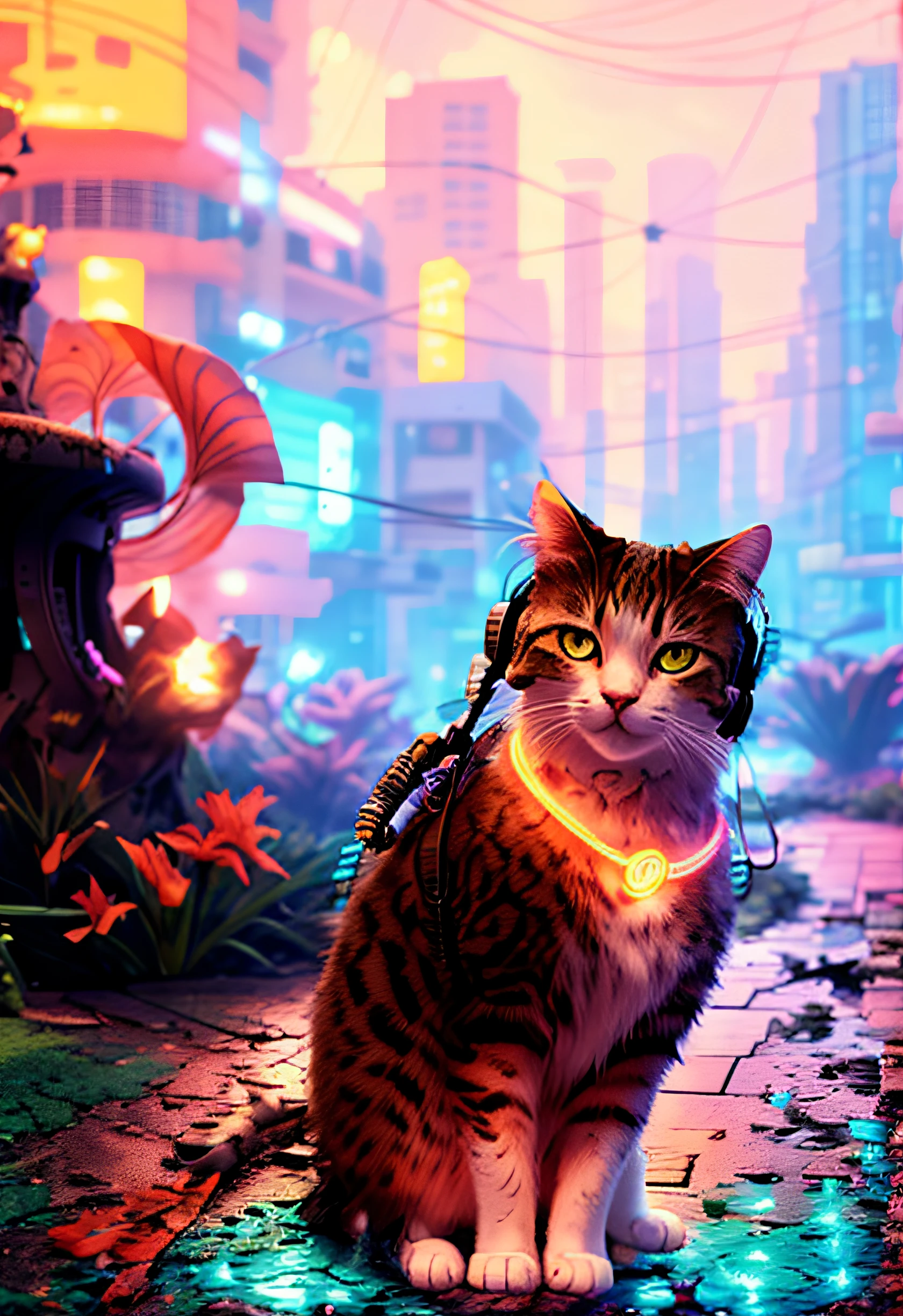 A cat with headphones and a jacket is sitting on a large lily leaf in a fountain. Cyberpunk and post-Soviet modernism  style themed. closeup view, neon lights., Pop art, Pixar, three sided view, UHD, anatomically correct, textured skin, super detail, high quality, 4K