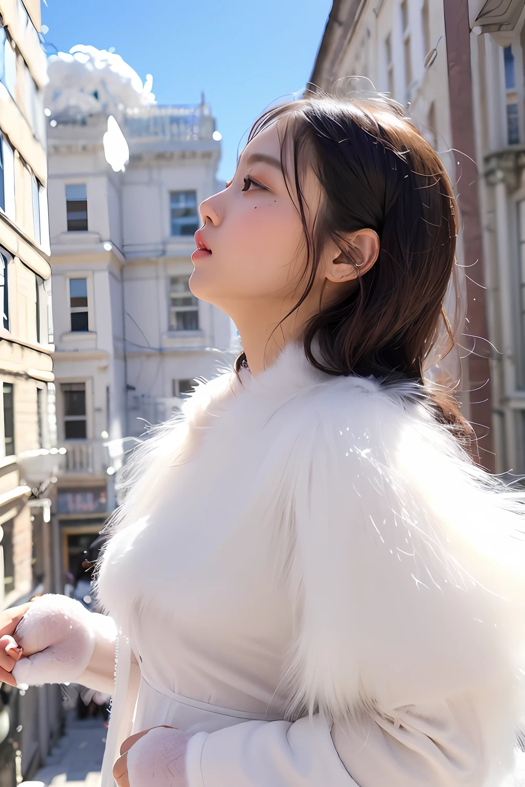 (extra detailed body、extra detailed face、best qualtiy:1.2)、femele、looking at the viewers、(soap bubbles、17 age、Colorful see-through cloth tops、Profile looking up)、(White fluffy fur-like building on background:1.4)