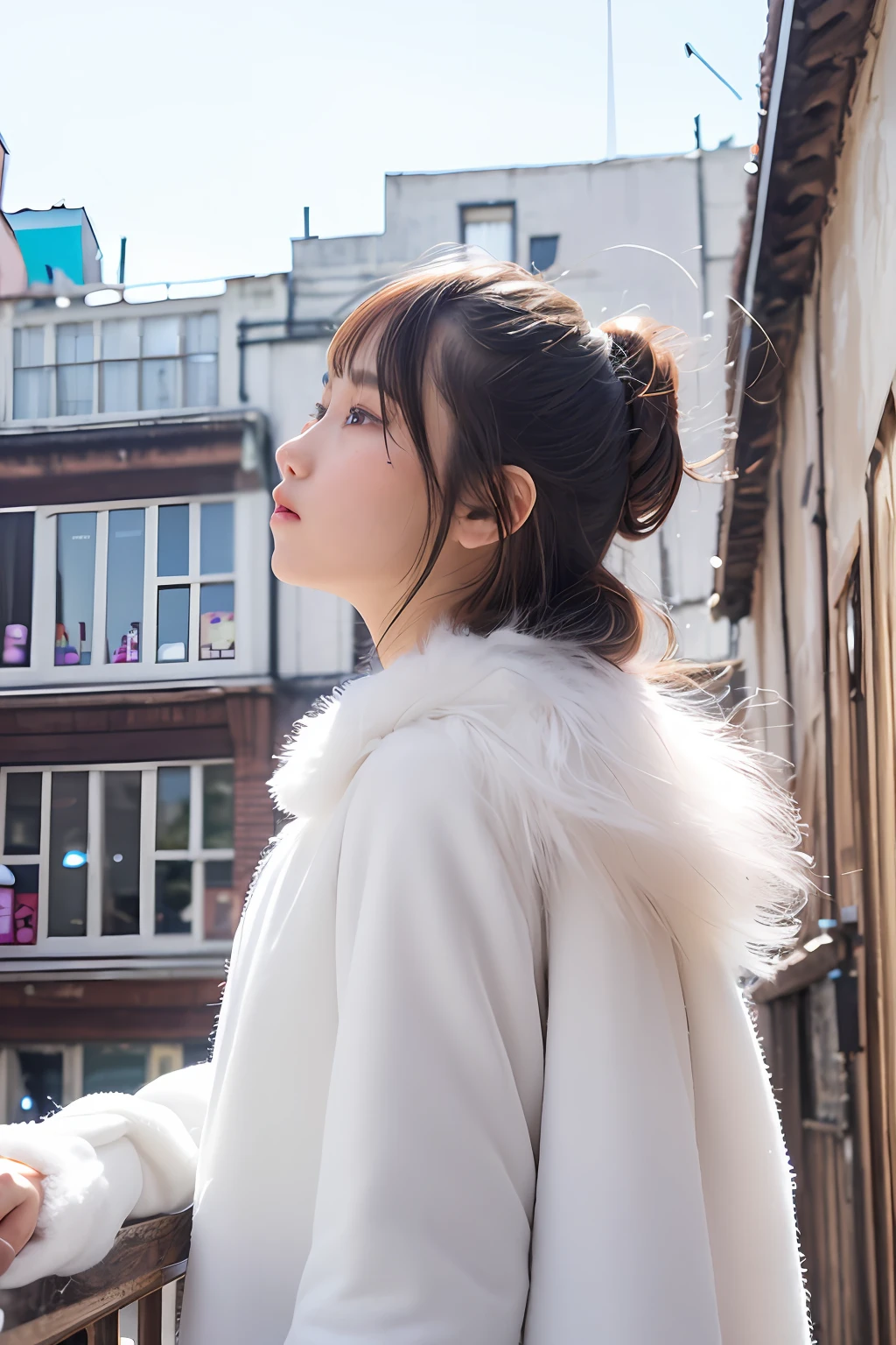 (extra detailed body、extra detailed face、best qualtiy:1.2)、femele、looking at the viewers、(soap bubbles、17 age、Colorful see-through cloth tops、Profile looking up)、(White fluffy fur-like building on background:1.4)