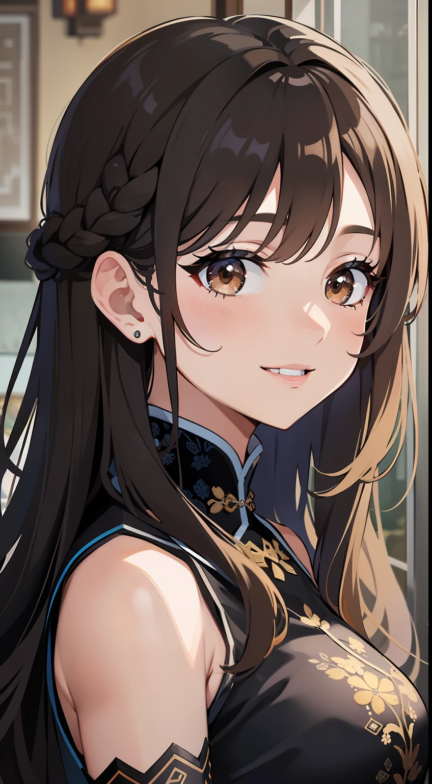 Adult woman, long light brown hair, Brown eyes, Black blue Chinese dress, Smile, Masterpiece, hiquality