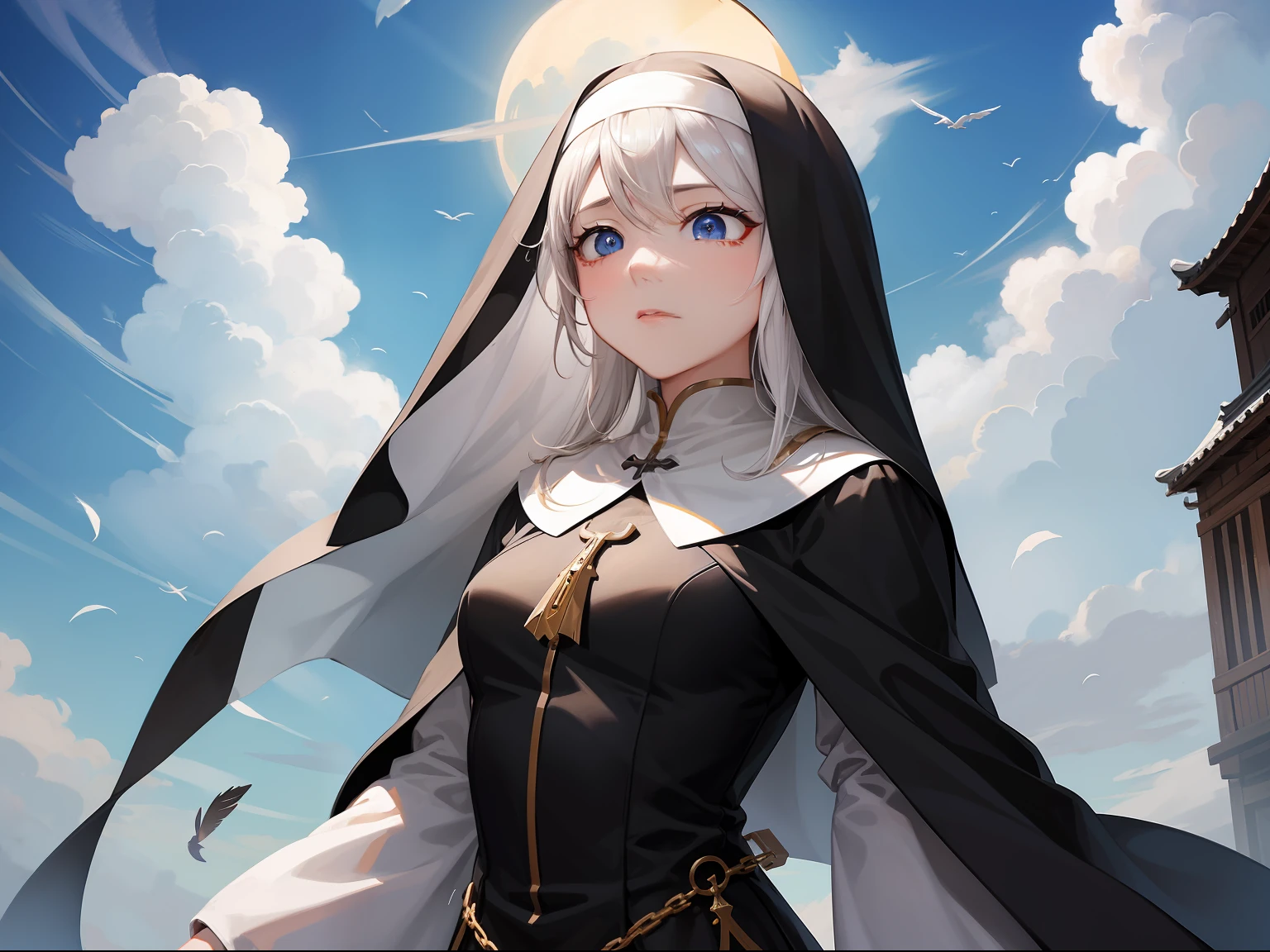 Feathered Nun Ascending to Heaven。Sad face。the eyes are blue。