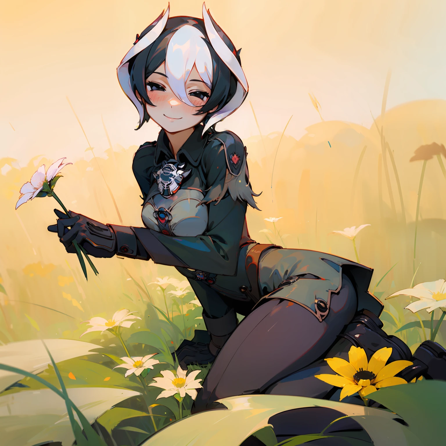 (( best quality, Meisterwerk )) sitting in grass, big smile, slight blush, holding flower