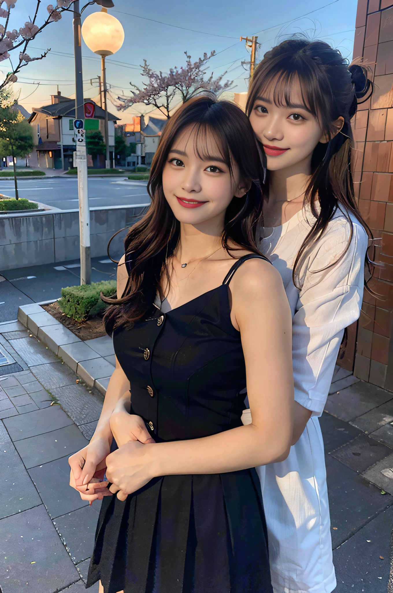 (8K,Raw photo、Raw photo、top-quality、Master masterpiece:1.2)、ultra-detailliert、Super Resolution、(Photorealsitic:1.3)、((Woman in the back hugs the woman in front))、((Woman hugging with arms around her from behind.))、high resolution RAW color photos、professional photograpy、Same skin type as humans、Female proofreading of Japan from head to waist、Blur the background、Draws faithfully to anatomy、Correct number of fingers、(Very beautiful and detailed night cherry blossom trees 1:1.37)((Cherry blossoms fluttering in the wind))、fullmoon、Very detailed and beautiful、Ultra-high image quality、Half-up hairstyle、Bun hair、poneyTail、High school girl in sailor suit、(Puffy cheeks)Detailed uniforms、Each face has its own distinctive features、Different face patterns、Farbe々Hairstyle、Brown hair fluttering in the night breeze、Hair swaying and sexy、Very detailed beautiful girl、(Pink Eye Shadow)、Red tie、Smiling smile、