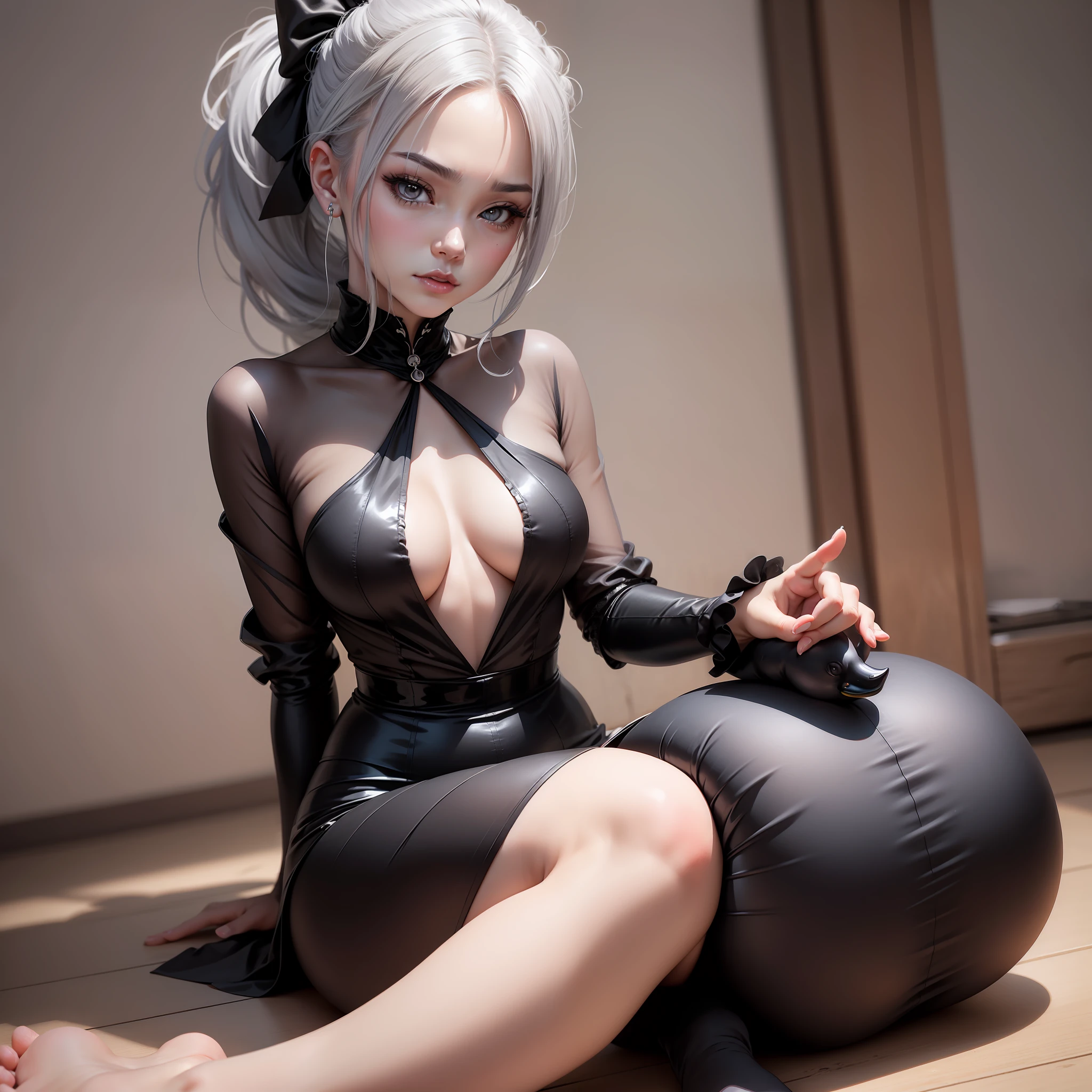 Gray hair with high ponytail,Small of breast,Coquettish eyes look straight at it,Black silk over the knee,without wearing shoes,duck sitting,Desire for dissatisfaction,Open hands