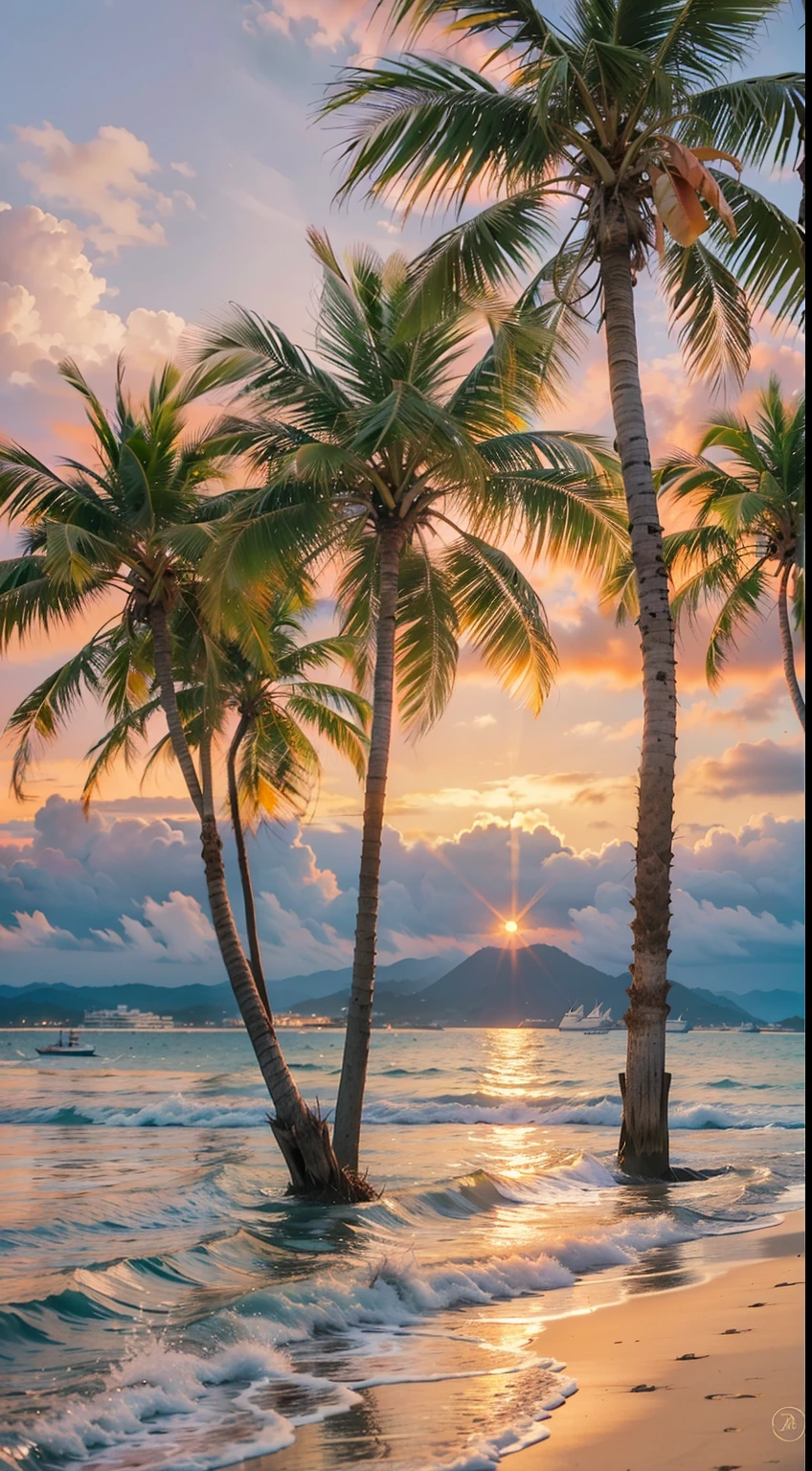 An absolutely mesmerizing sunset on the beach, with a mix of orange, pink, and yellow in the sky. The water is crystal clear, gently kisses the coast, and the white sand is endless. The scene is dynamic and breathtaking, with seagulls soaring high in the sky and palm trees swaying softly. Immerse yourself in the calm atmosphere and let the serenity surround you.