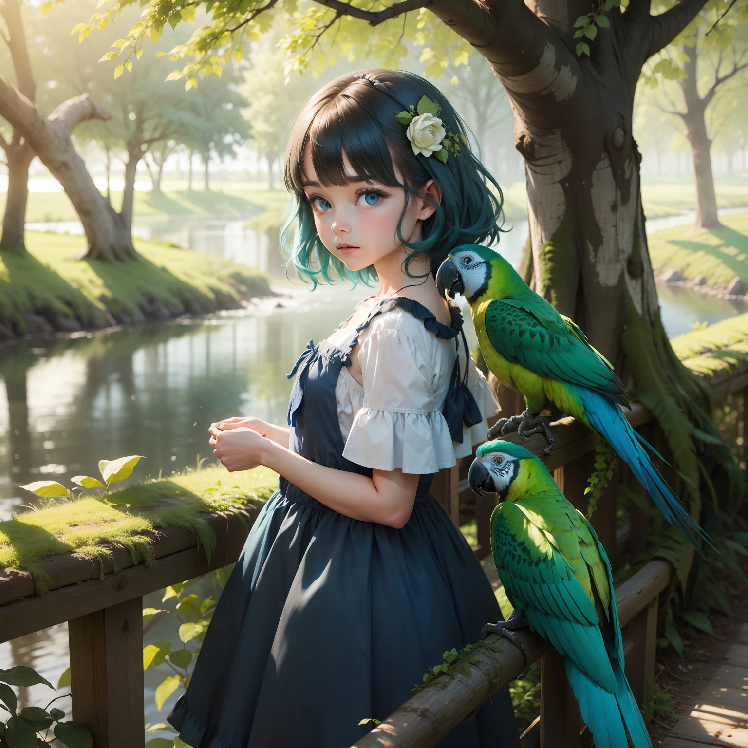 Girl trees parrot river blue dress green eyes