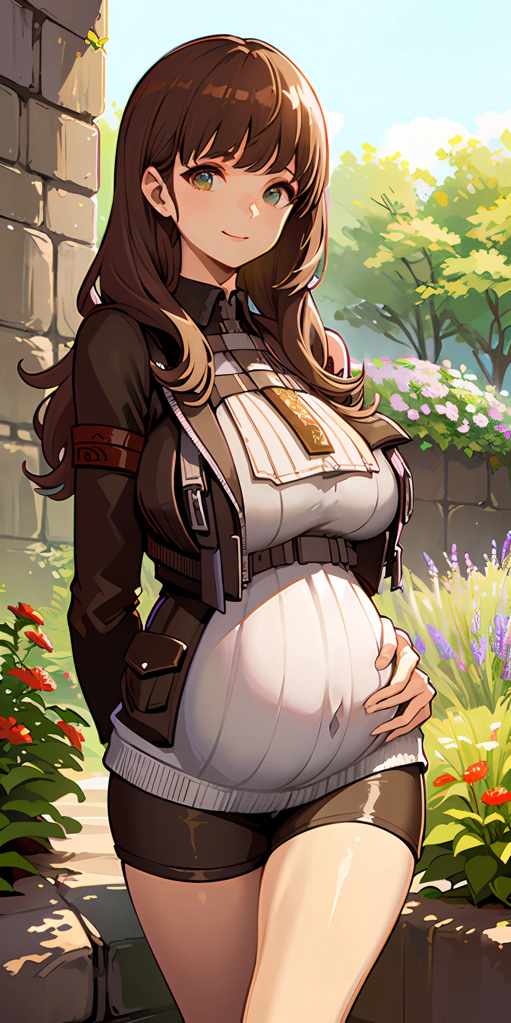 (Masterpiece: 1.6, Best quality), (beautidful eyes: 1.2), (Overhead), High quality, Beautiful face, 1girll, Wide shot, White crop top, Leather shorts, Oversized leather jacket, Open shoulders, Big tits, Long hair, Wide hips, (gardens), street, Background, Detailed background, creepy smile, Pregnant belly，Pregnant belly