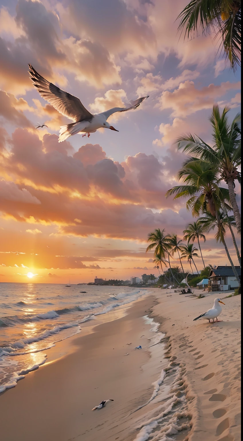 An absolutely mesmerizing sunset on the beach, with a mix of orange, pink, and yellow in the sky. The water is crystal clear, gently kisses the coast, and the white sand is endless. The scene is dynamic and breathtaking, with seagulls soaring high in the sky and palm trees swaying softly. Immerse yourself in the calm atmosphere and let the serenity surround you.