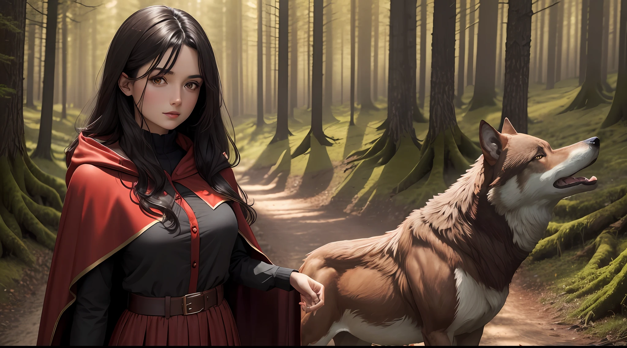 A dark-haired girl in a red cape,Far from the lens，And a brown wolf，at a forest, 8K,hyper HD，full bodyesbian，Stand far away，Stay away from the lens