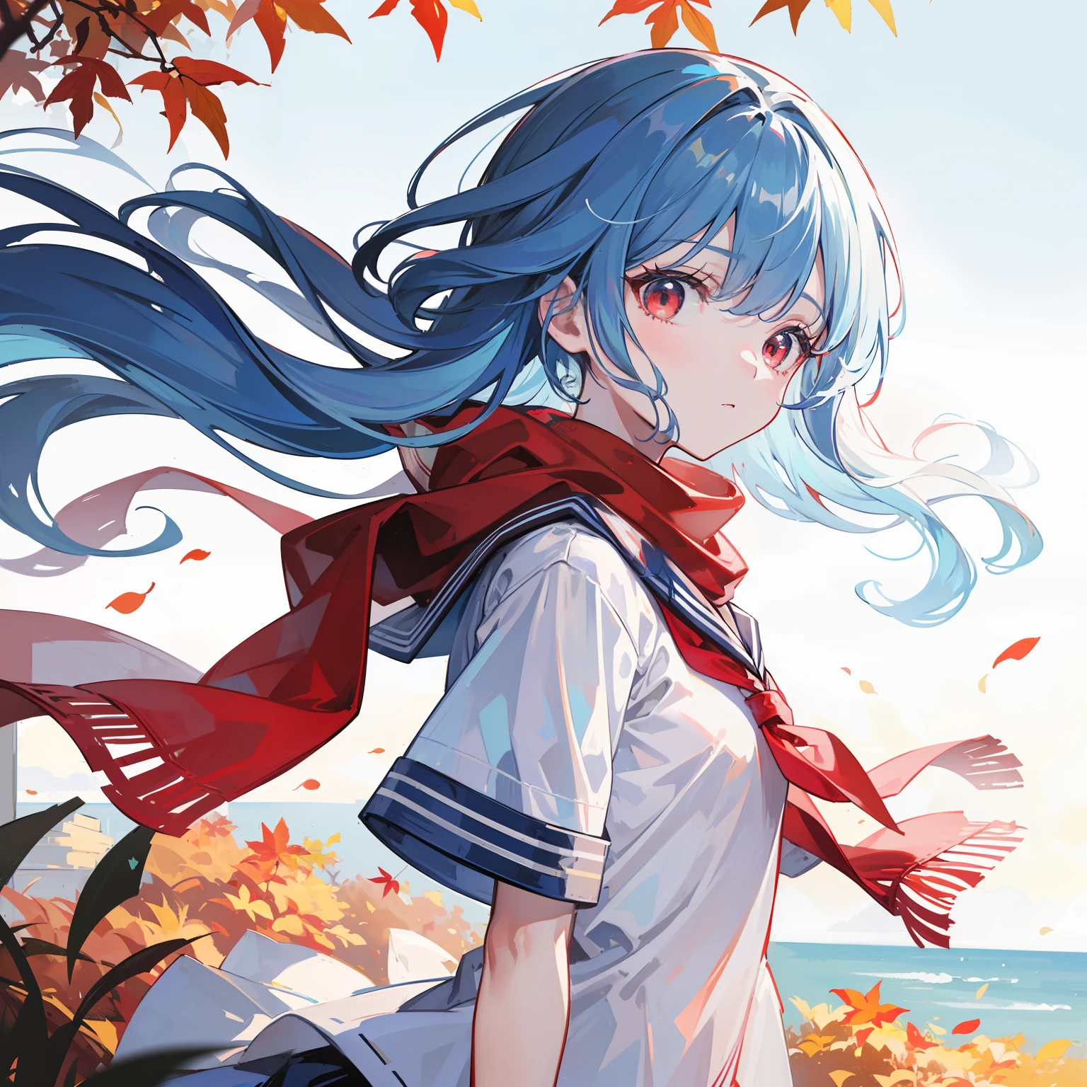 artistic photograph, Real light and shadow on a sunny day,autumnal,On the road,((Short sleeved sailor suit)),1 beautiful girl，The upper part of the body,Lateral face，(((Long light blue hair))),Red eyes,(long hair),（Red scarf），windy