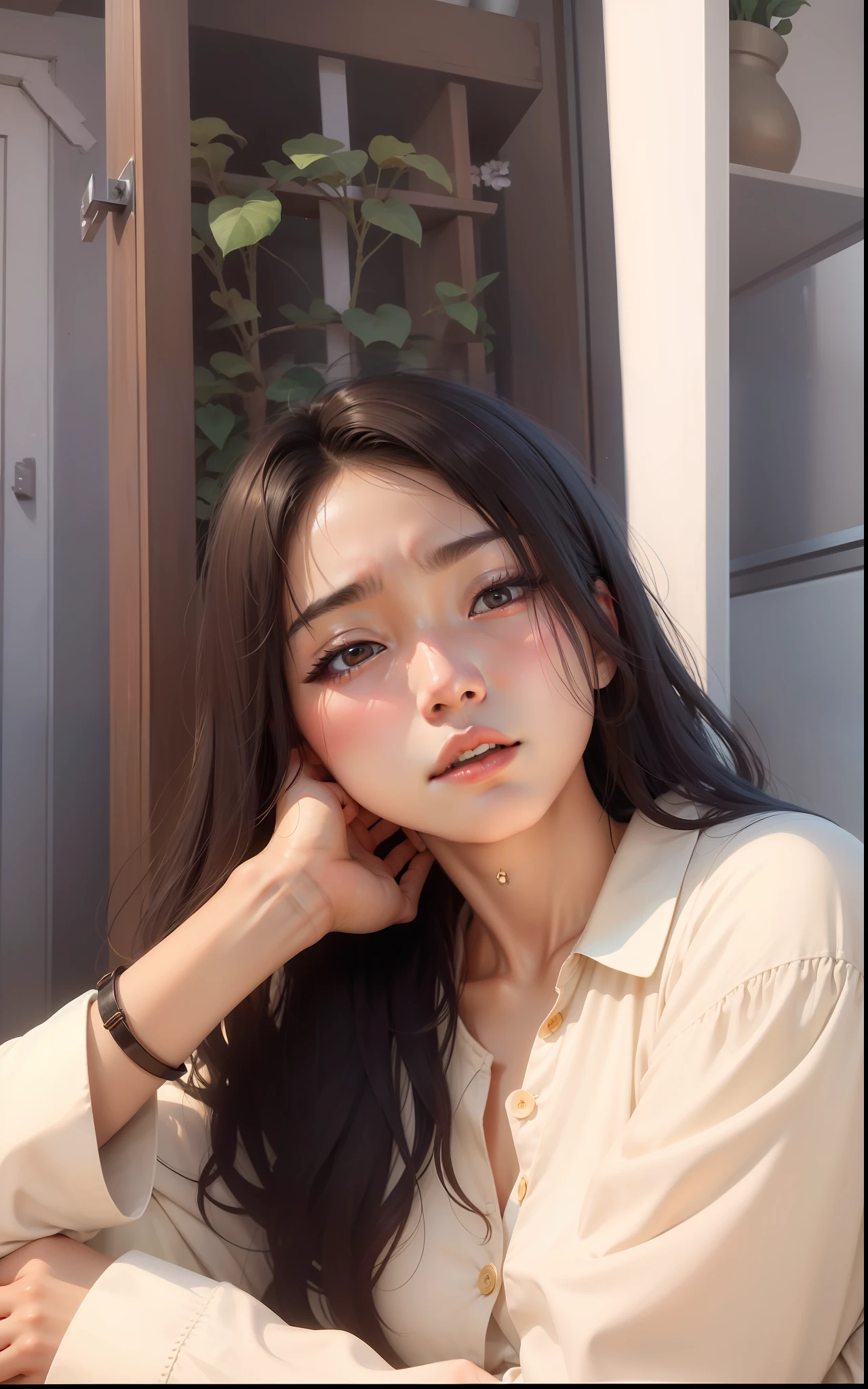 (Masterpiece level quality)Beautiful 8K, 20 old years korean girl, sleepy face, no teeyh