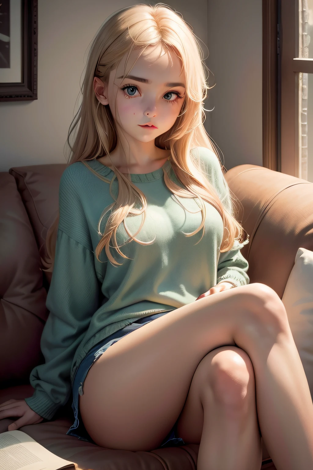 1girll,Sit on a comfortable sofa,Cross ed leg,Soft light