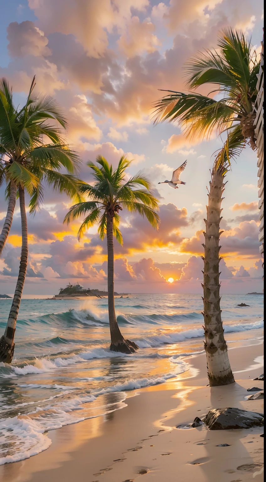 An absolutely mesmerizing sunset on the beach, with a mix of orange, pink, and yellow in the sky. The water is crystal clear, gently kisses the coast, and the white sand is endless. The scene is dynamic and breathtaking, with seagulls soaring high in the sky and palm trees swaying softly. Immerse yourself in the calm atmosphere and let the serenity surround you.