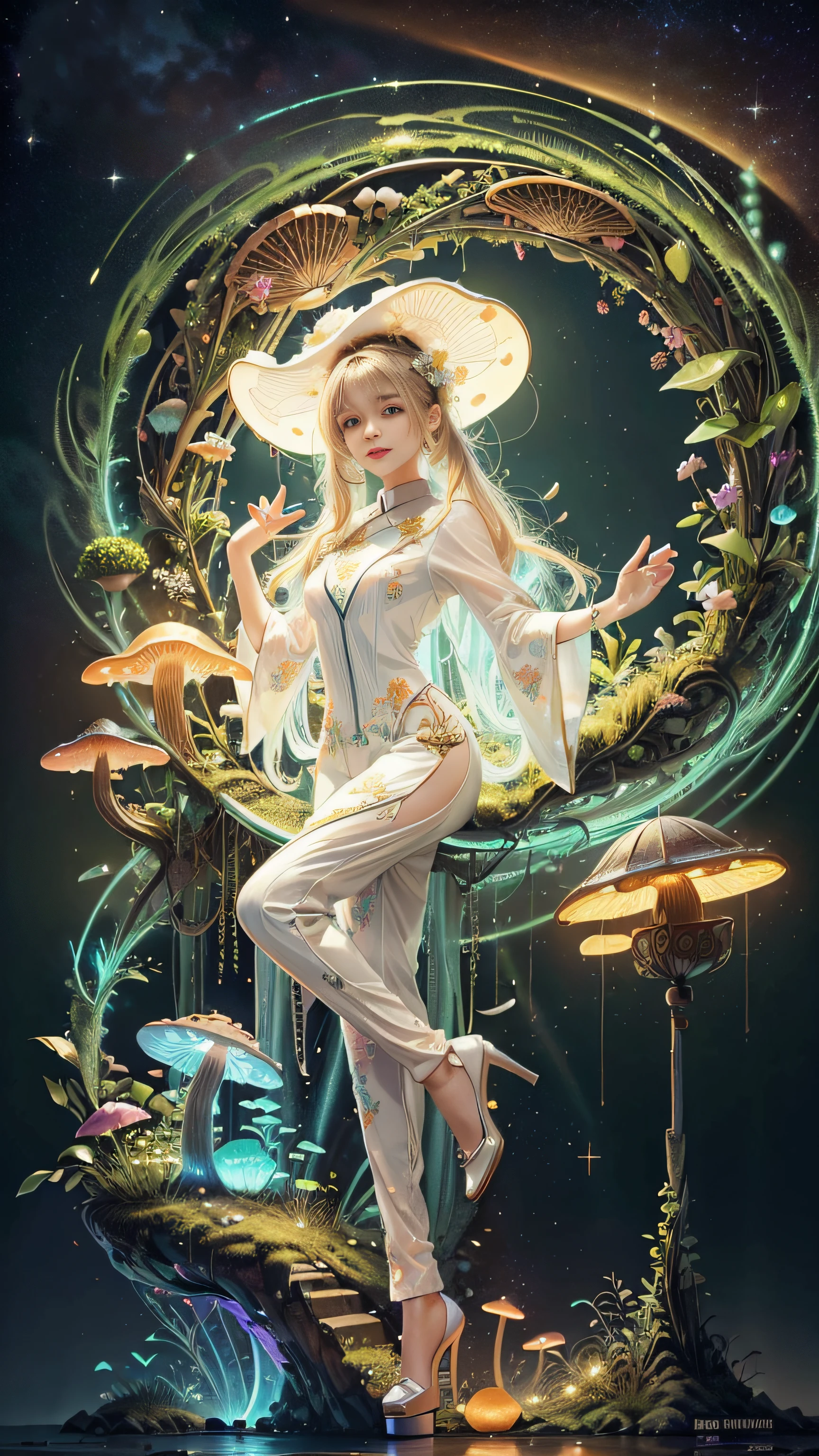 Super beautiful glowing big eyes、((top-quality)), ((masterpiece)), ((realisitic)), (detaileds), Reflective Luminous White:1.5, Texture glossy orange:1.3, 1 Sticky jumpsuit(cammel toe)beautiful young woman with, A sexy, Photo from top to bottom, A lot of glowing neon mushrooms, a Mandala, Cinematic, sharp, Ray traching, cheerfulness, Lightness