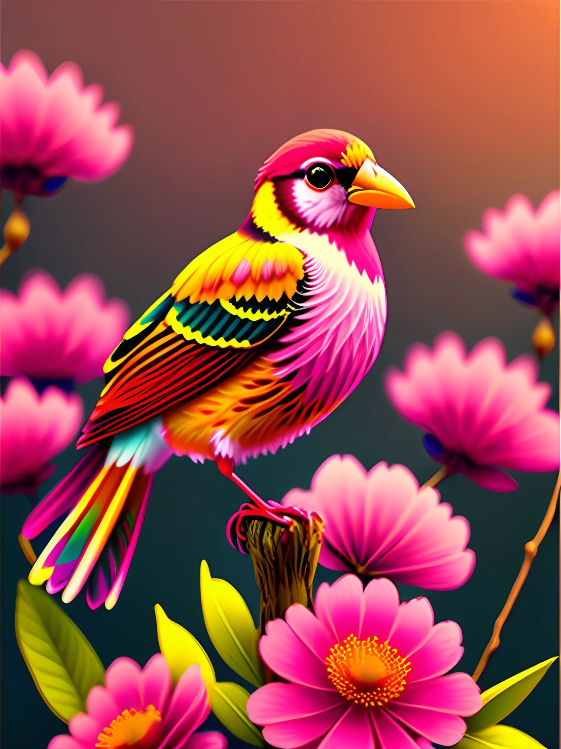 a bird sitting on a branch with pink flowers, cgi art, red-yellow colors, hyperrealistic sparrows, pinterest, photorealistic artstyle, in rich color, an ai generated image, very detailed portrait, singing for you, breathtaking render