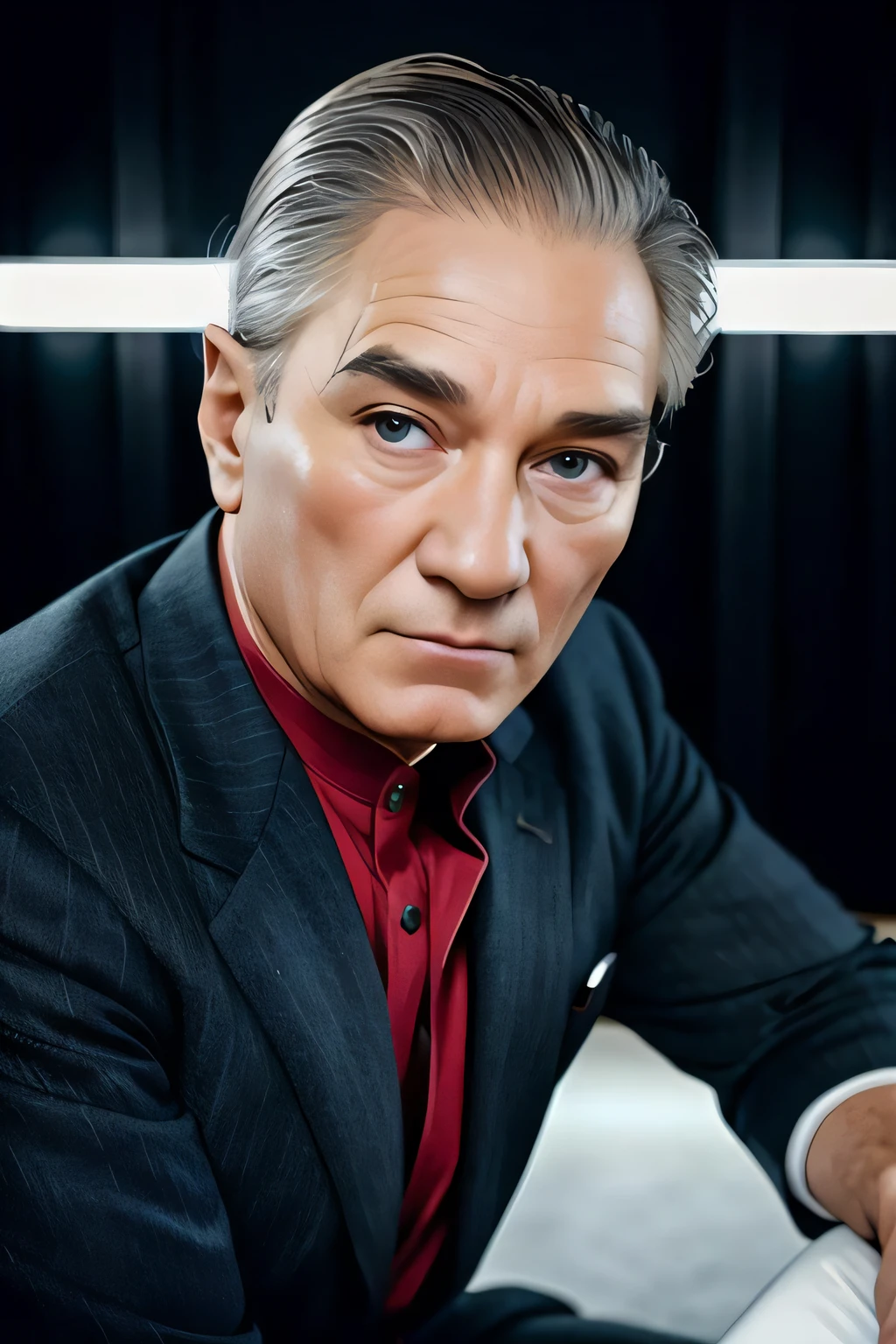 a man 44y.o, ((fullbody:1.7)), award winning photo, blond hair, his hair is a little loose from the top, hair combed back, wide face, looking around, fashionable clothes, ((masterpiece)), detailed face, detailed blue eyes, color photograph, (sharp focus:1.2), sitting, extremely detailed, intricate, dramatic lighting, moody and melancholic atmosphere, sony a7 IV film stock photograph 4 kodak portra 400 camera f1.6 lens rich colors hyper realistic lifelike texture, best quality dramatic lighting cinestill 800, deep shadow, photo, Highly detailed, wide angle lens, depth of field, bokeh, 4K, HDR, absurdres, hyperrealistic, photorealistic, 1950s, ataturk