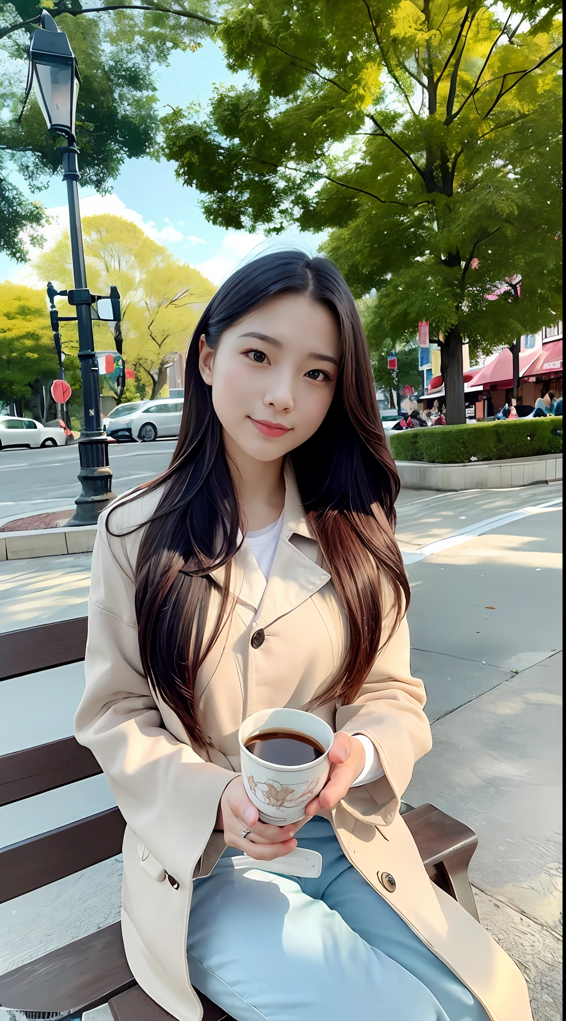 hyper-detailing, A high resolution, (realisticlying, realisticlying:1.4), 8k, (best qualtiy), physically-based renderingt, Realistic photography, professional colorgraded, HighestQuali, ((HighestQuali)), ((tmasterpiece)), ((realisticlying)), Portrait of a woman with long straight hair sitting on a cozy park bench drinking a cup of coffee。The painting captures the warmth and atmosphere of the environment with soft lighting。Artist Vincent van Gogh brought his unique impressionist style to life with vibrant and dynamic lighting。The medium used is oil on canvas,High-quality detail expression is ensured。It is colorful,Be expressive,Create realistic and captivating scenes。This masterpiece depicts the serenity and beauty of its subject,The moment was perfectly captured。Eye-level、scenecy、tmasterpiece,wearing a trenchcoat,Milk tea in hand